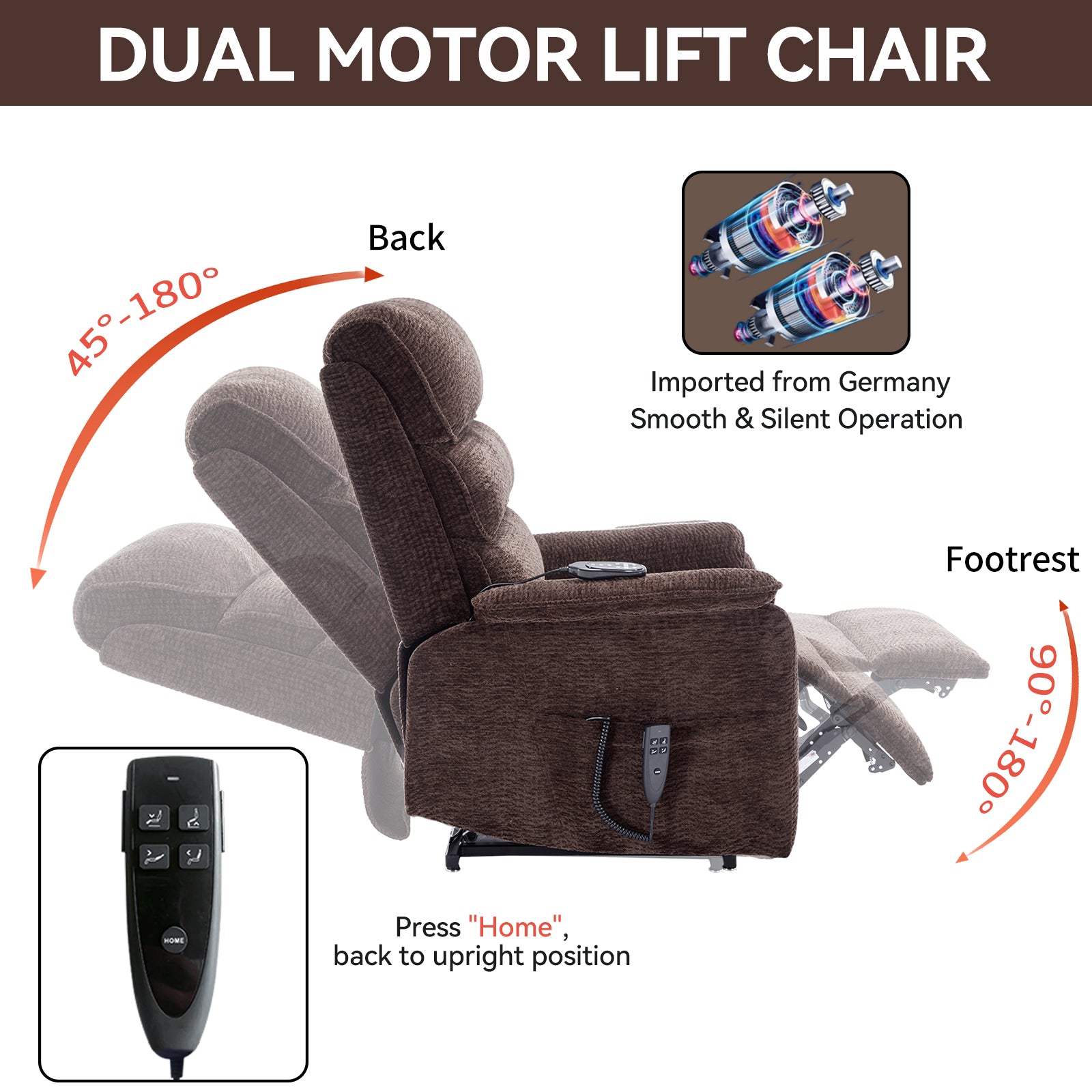 Brown Chenille Dual Motor Infinite Position Up to 350 LBS Power Lift Recliner Chair with Power-Remote, Heat Massage and Heavy Duty Motion Mechanism