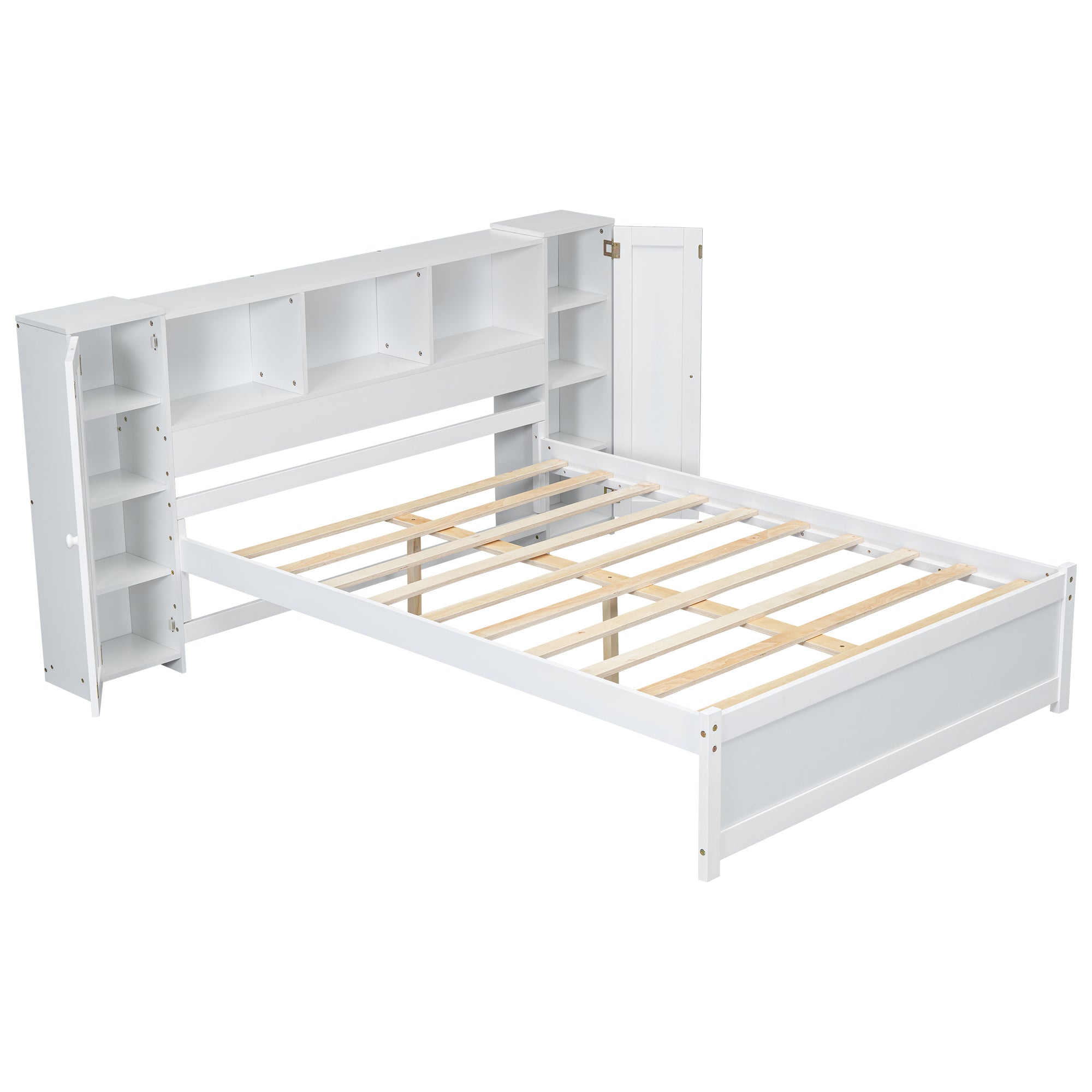 Full Size Platform Bed with Storage Headboard and Lockers, White