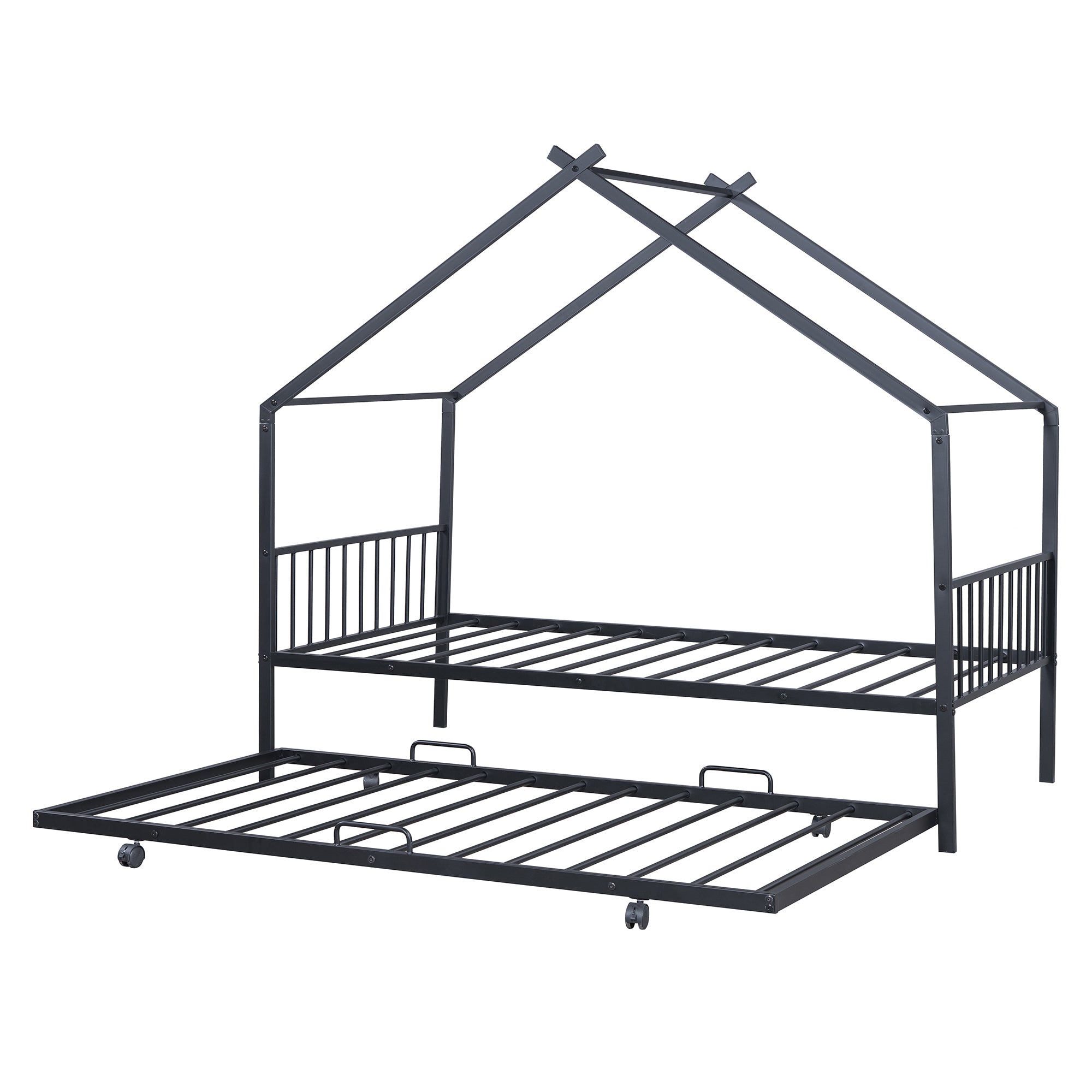 Twin Size Metal House Bed with Twin Size Trundle, Black