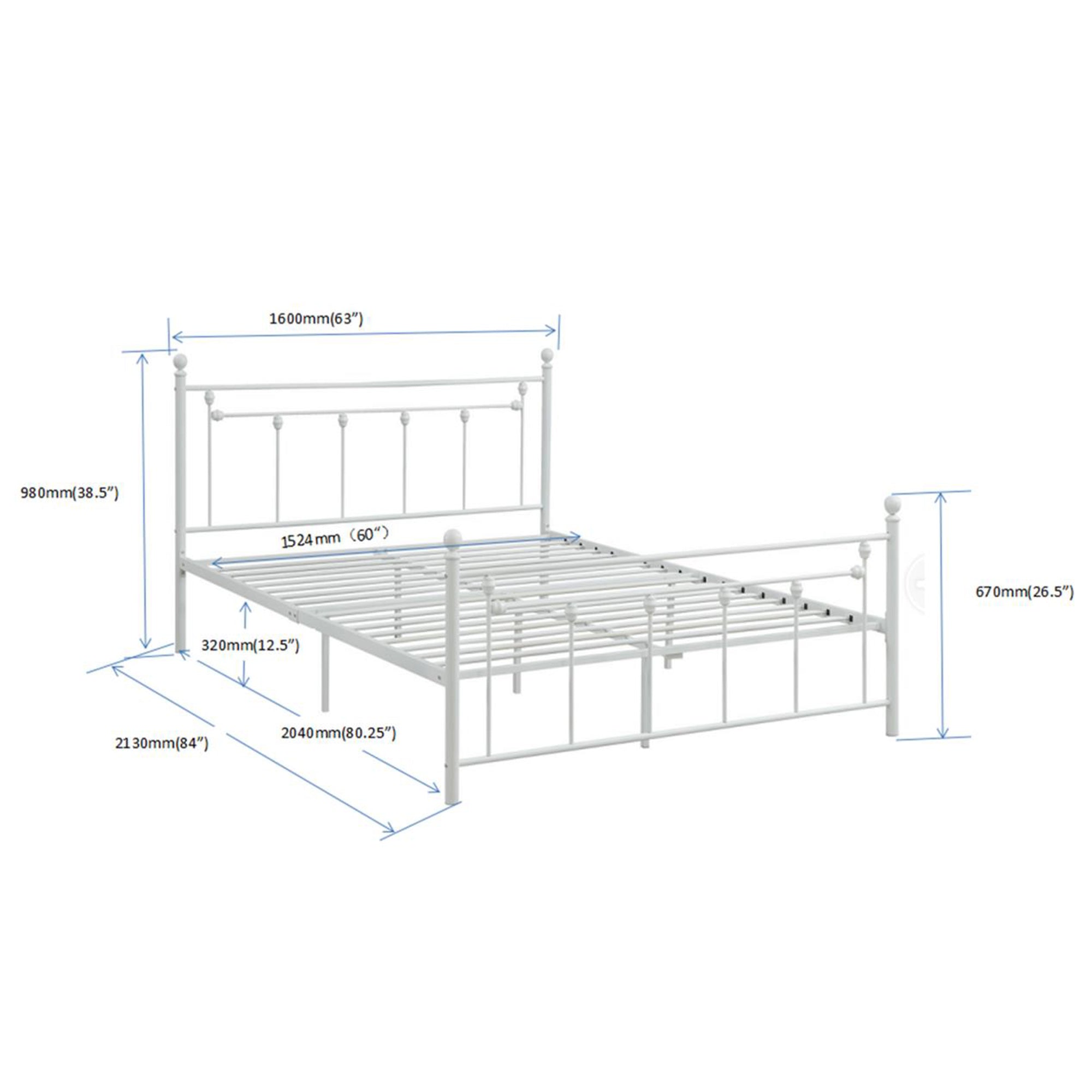 Queen Size Metal Bed Frame with Headboard and Footboard (White)