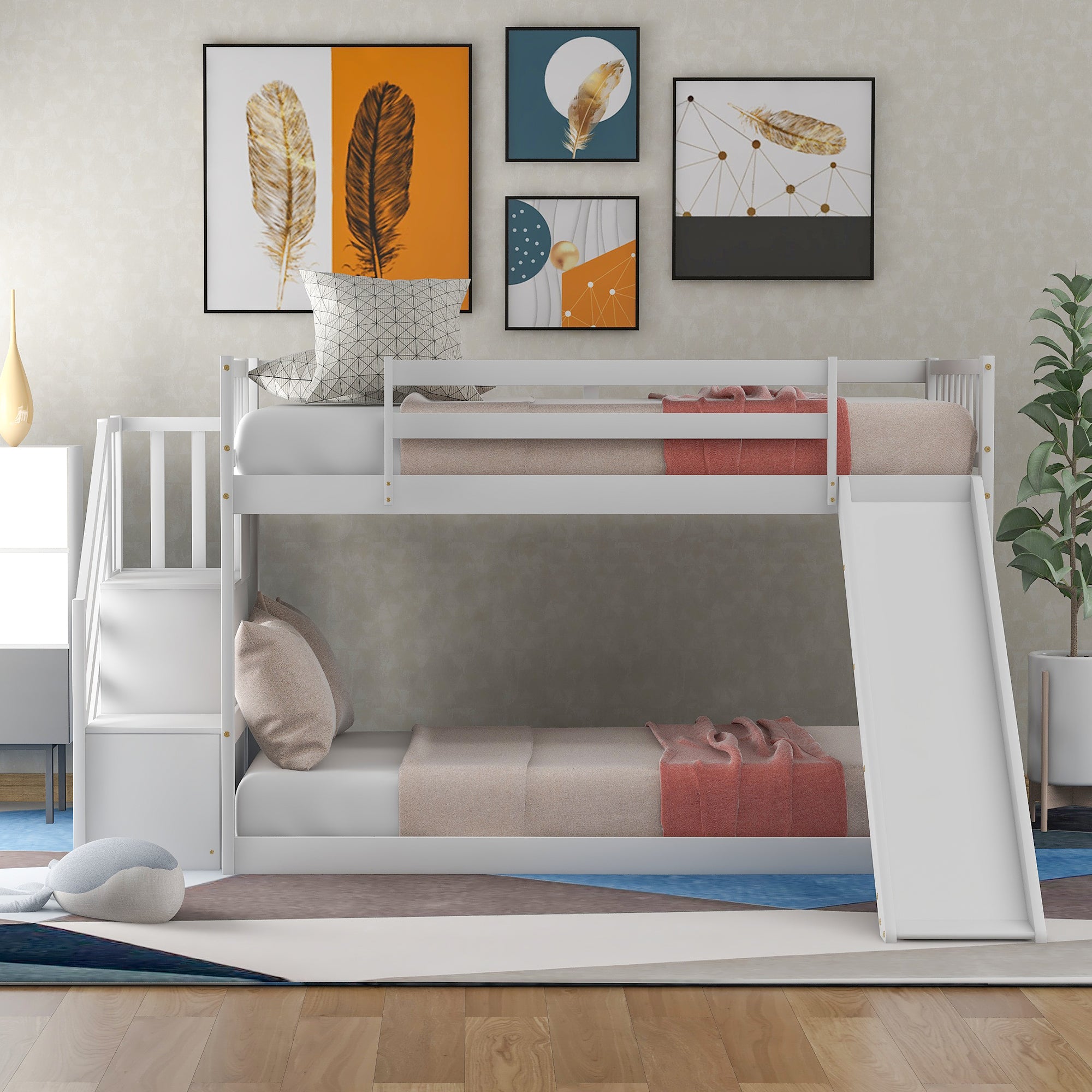 Twin over Twin Bunk Bed with Convertible Slide and Stairway, White