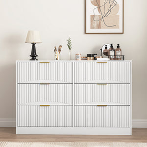 White modern 6-drawer dresser with wavy-pattern drawer panels, front view