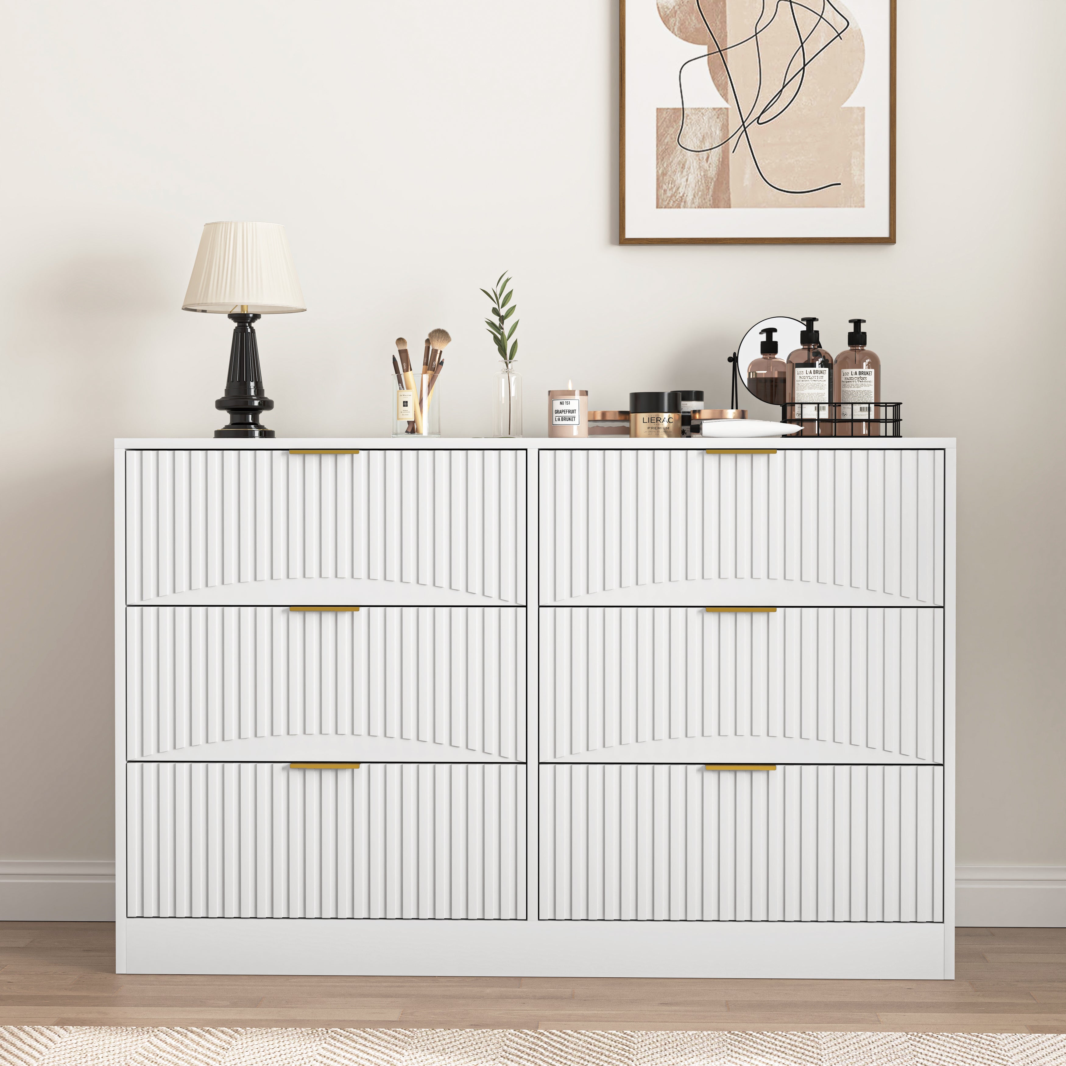White modern 6-drawer dresser with wavy-pattern drawer panels, front view