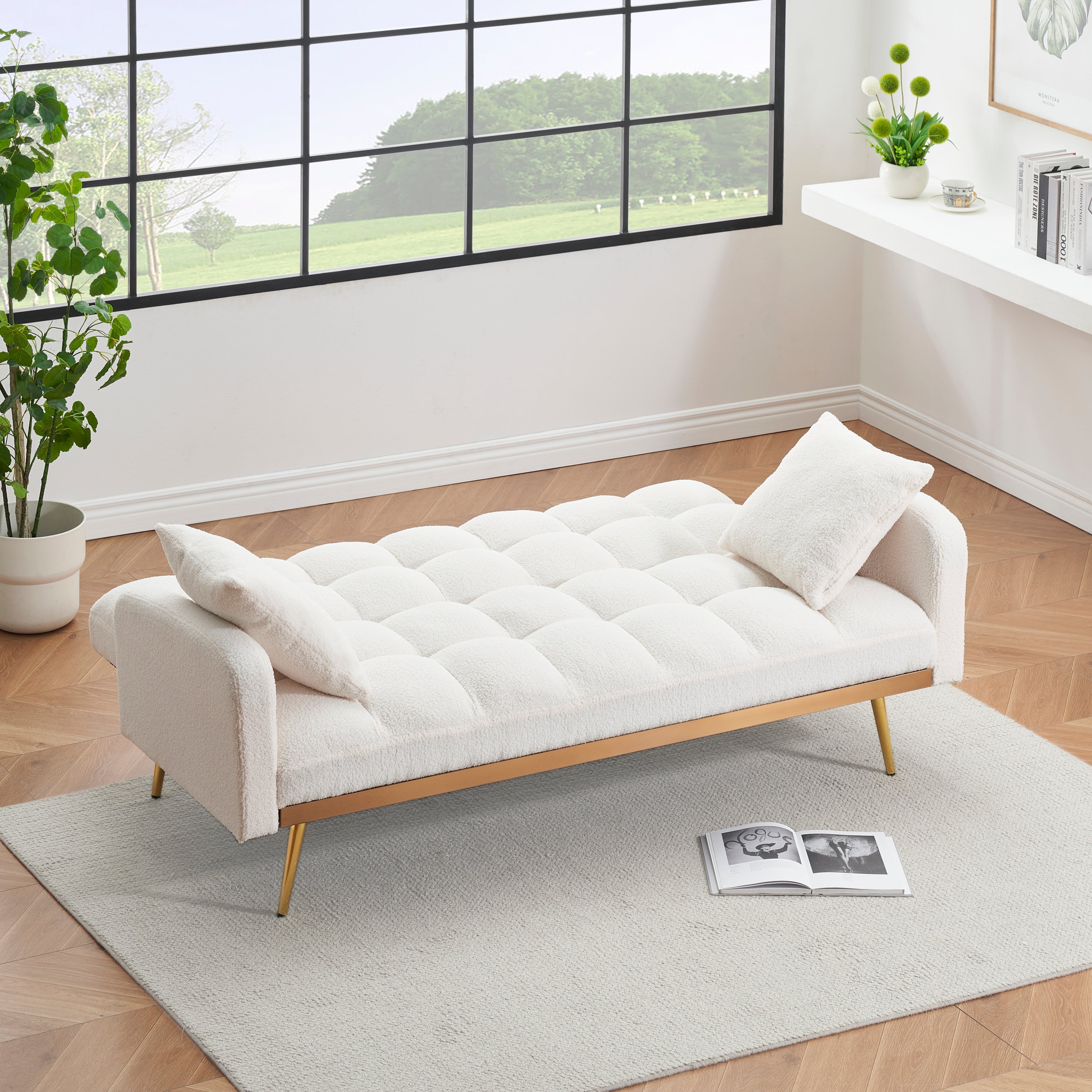 69-inch beige sofa bed with adjustable sofa teddy fleece 2 throw pillows