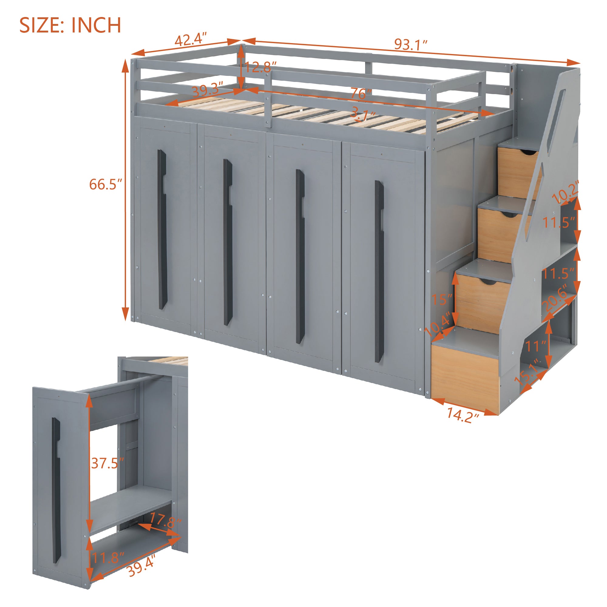 Modern Loft Bed with Two-Tone Storage Stairs and Pull-Out Wardrobes, Gray