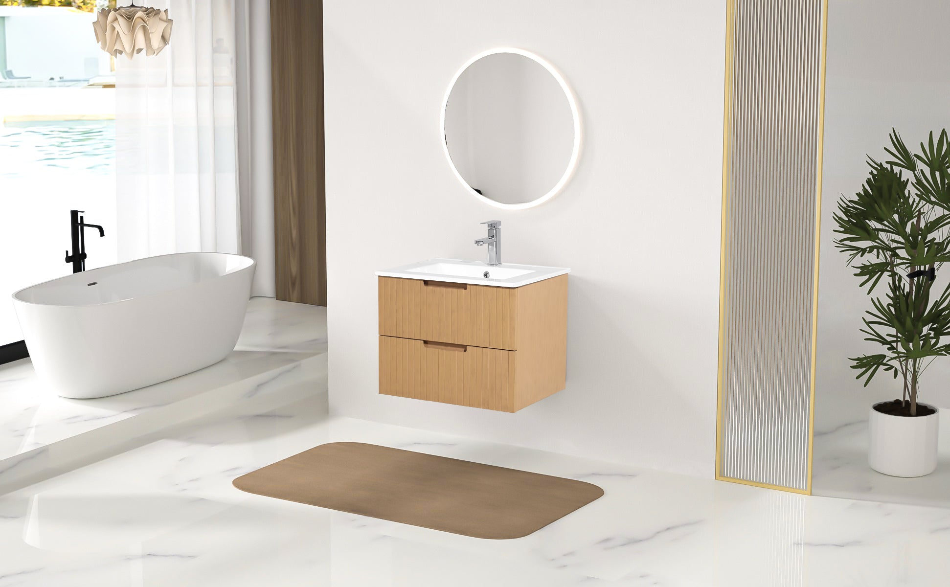 24 Inch Floating Bathroom Vanity with Ceramic Sink, Modern Bath Storage Cabinet Vanity with Drawers Wall Mounted Combo Set for Bathroom, Light Brown