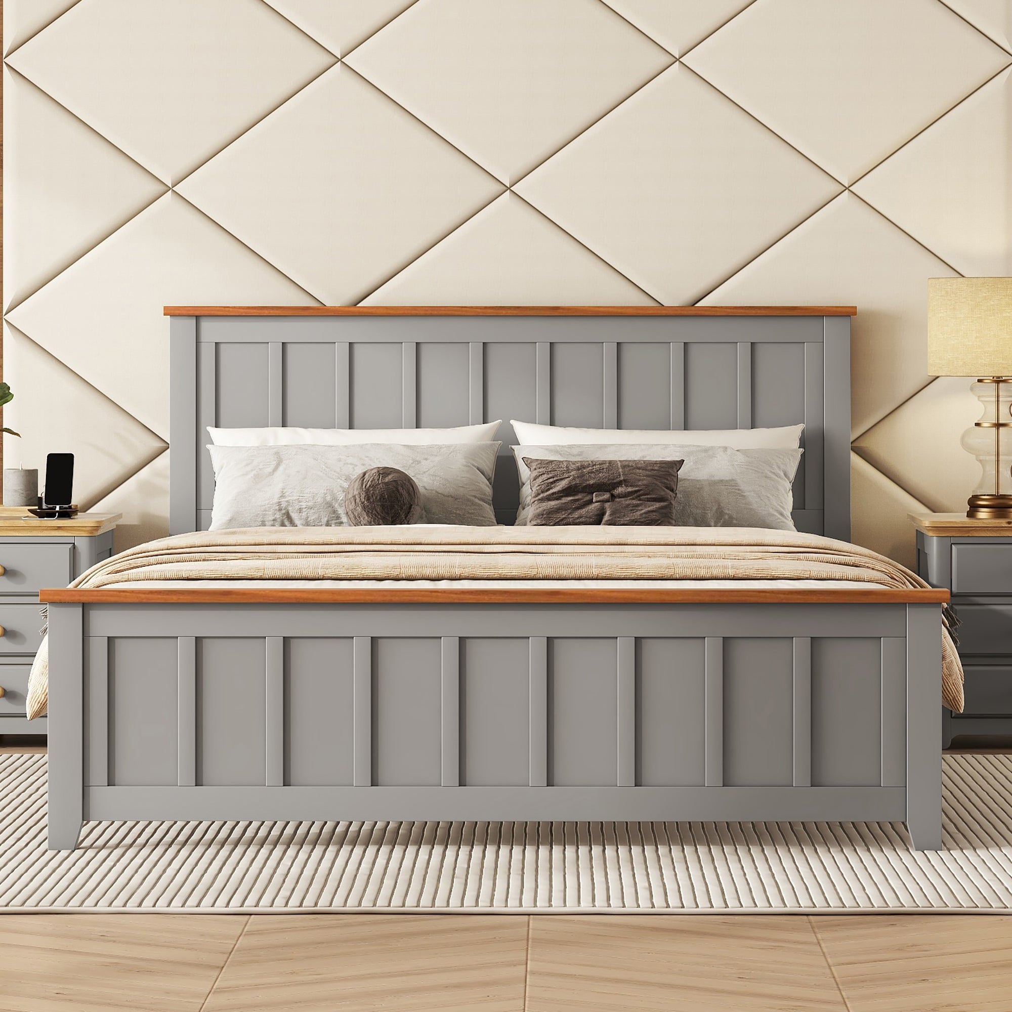 Queen Size Wood Platform Bed Wooden Slat Support, Vintage Simple Bed Frame with Rectangular Headboard and Footboard, Grey