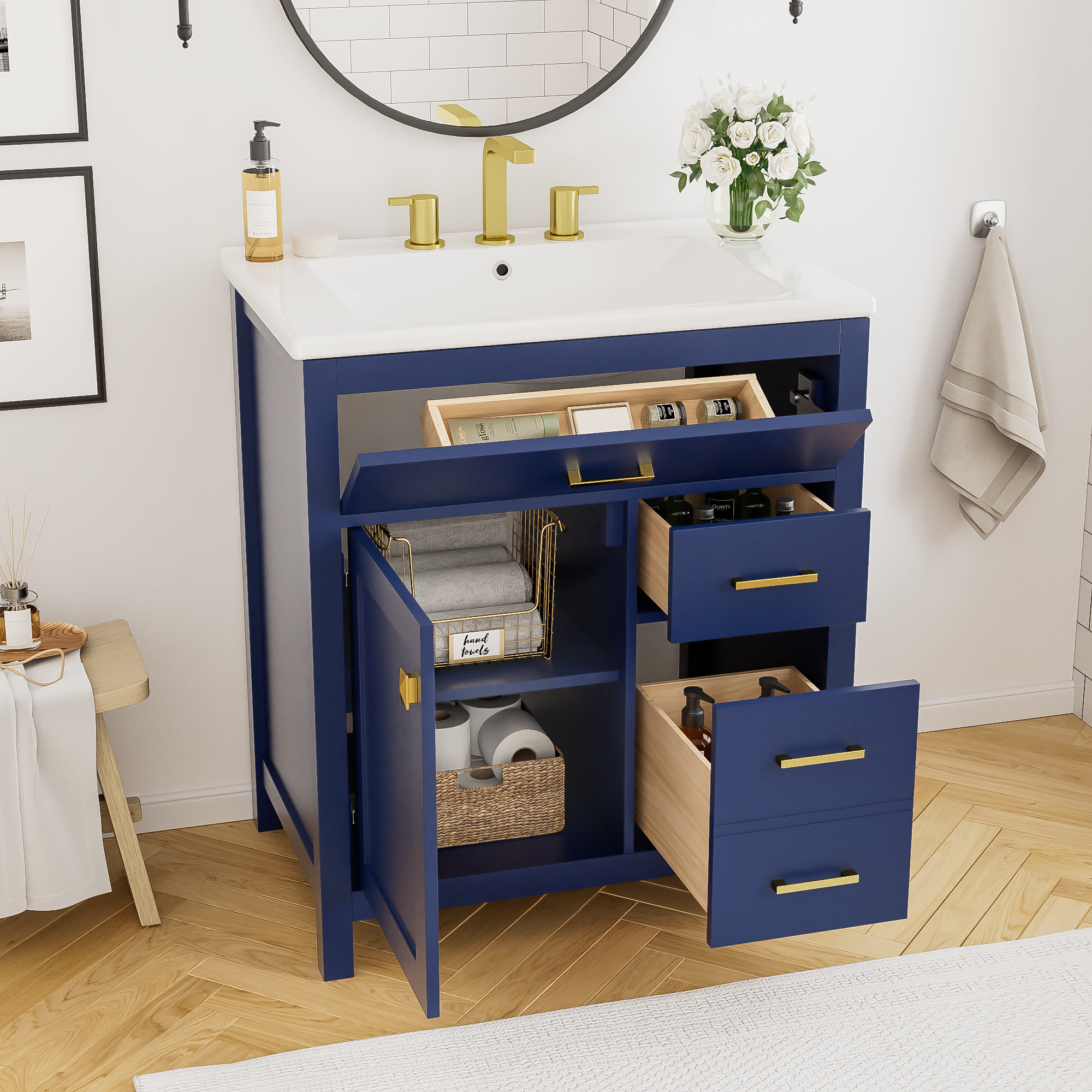 30-Inch Blue Bathroom Vanity with Ceramic Sink and Ample Storage - Ideal Choice for Small Bathrooms