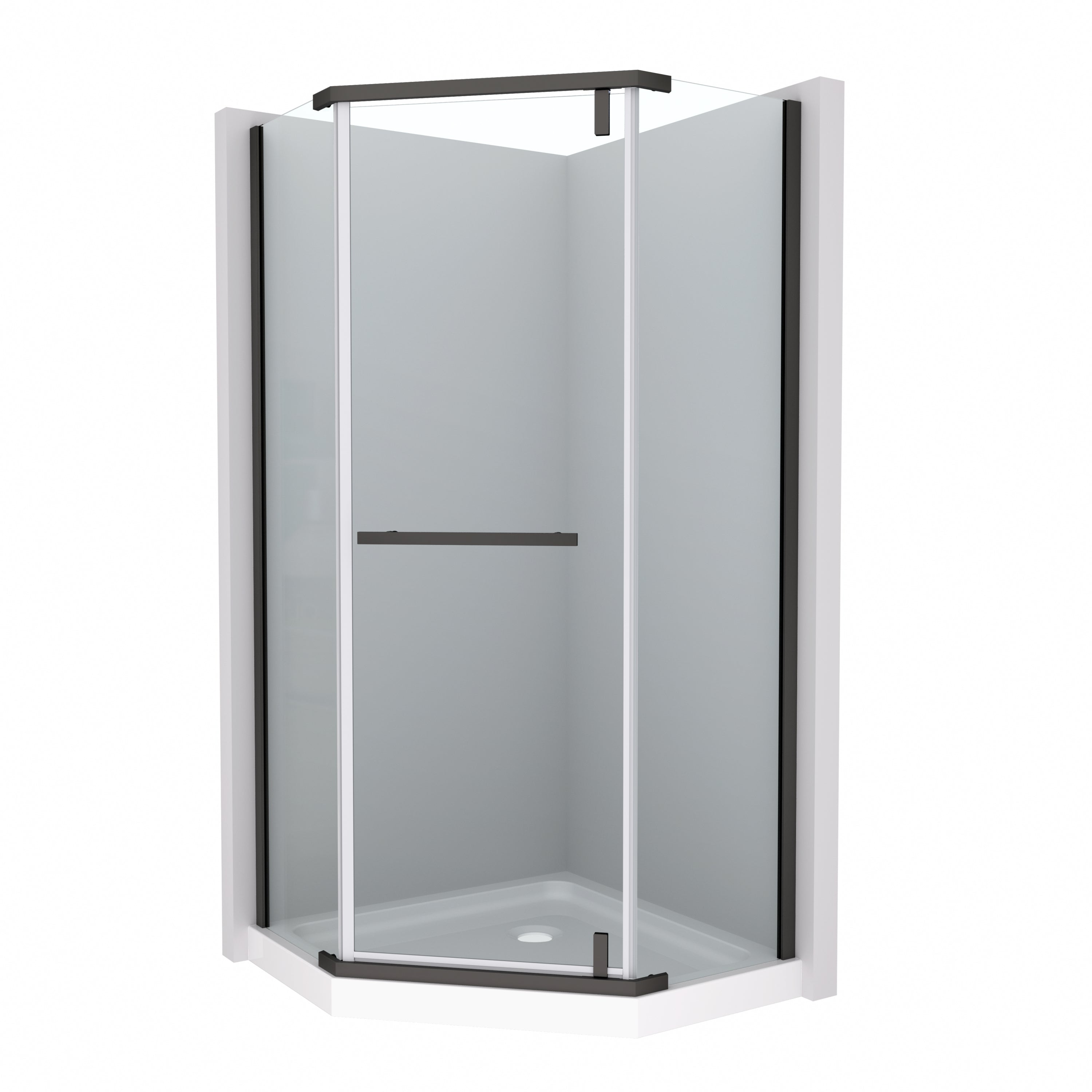 Pivot shower door, with 1/4" tempered glass, 34.75"W x 72"H Frameless Neo-Angle Pivot Shower Enclosure in Matte Black