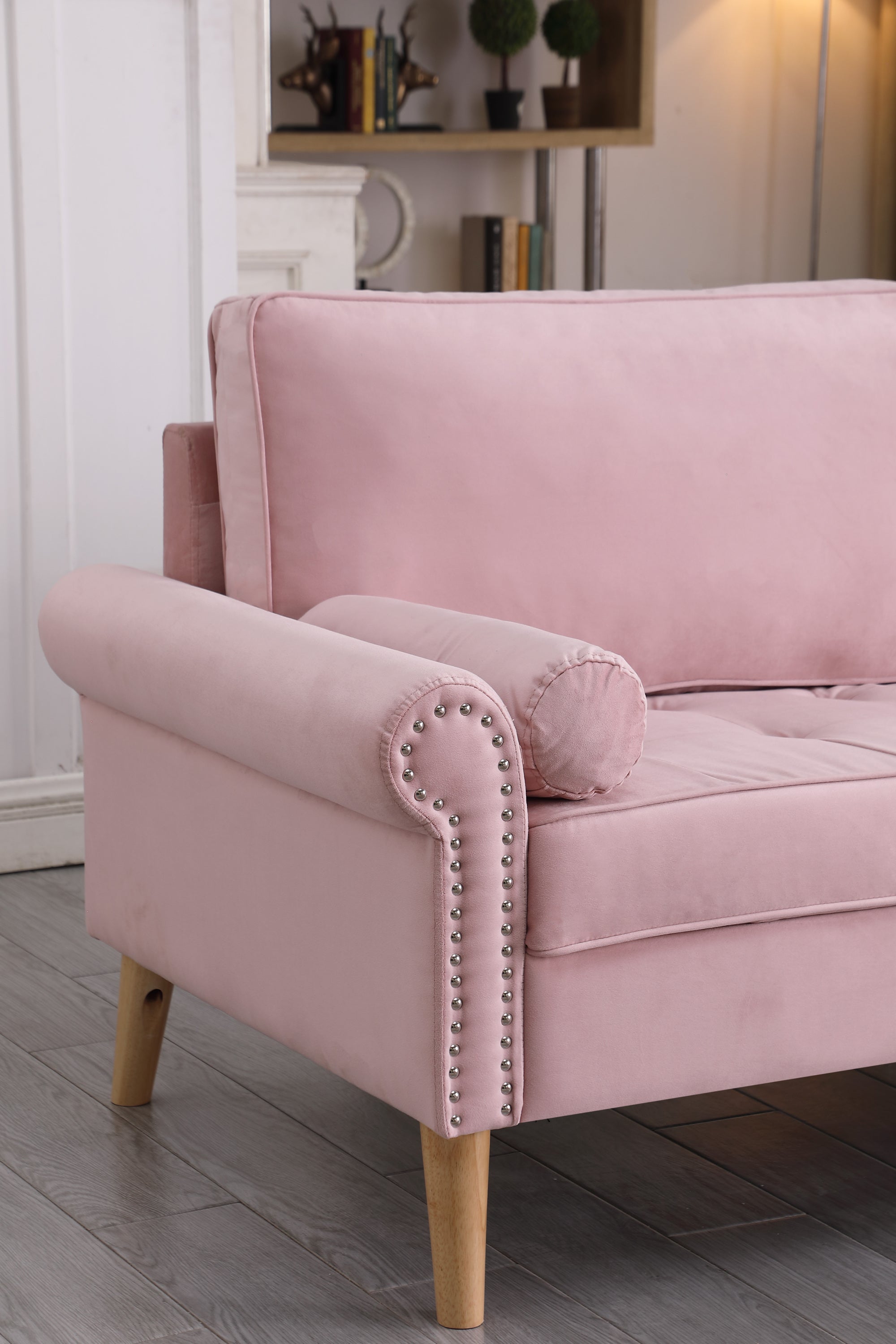 Living Room Sofa,3-Seater Sofa , with  Copper Nail on Arms ,Three Pillow,Pink