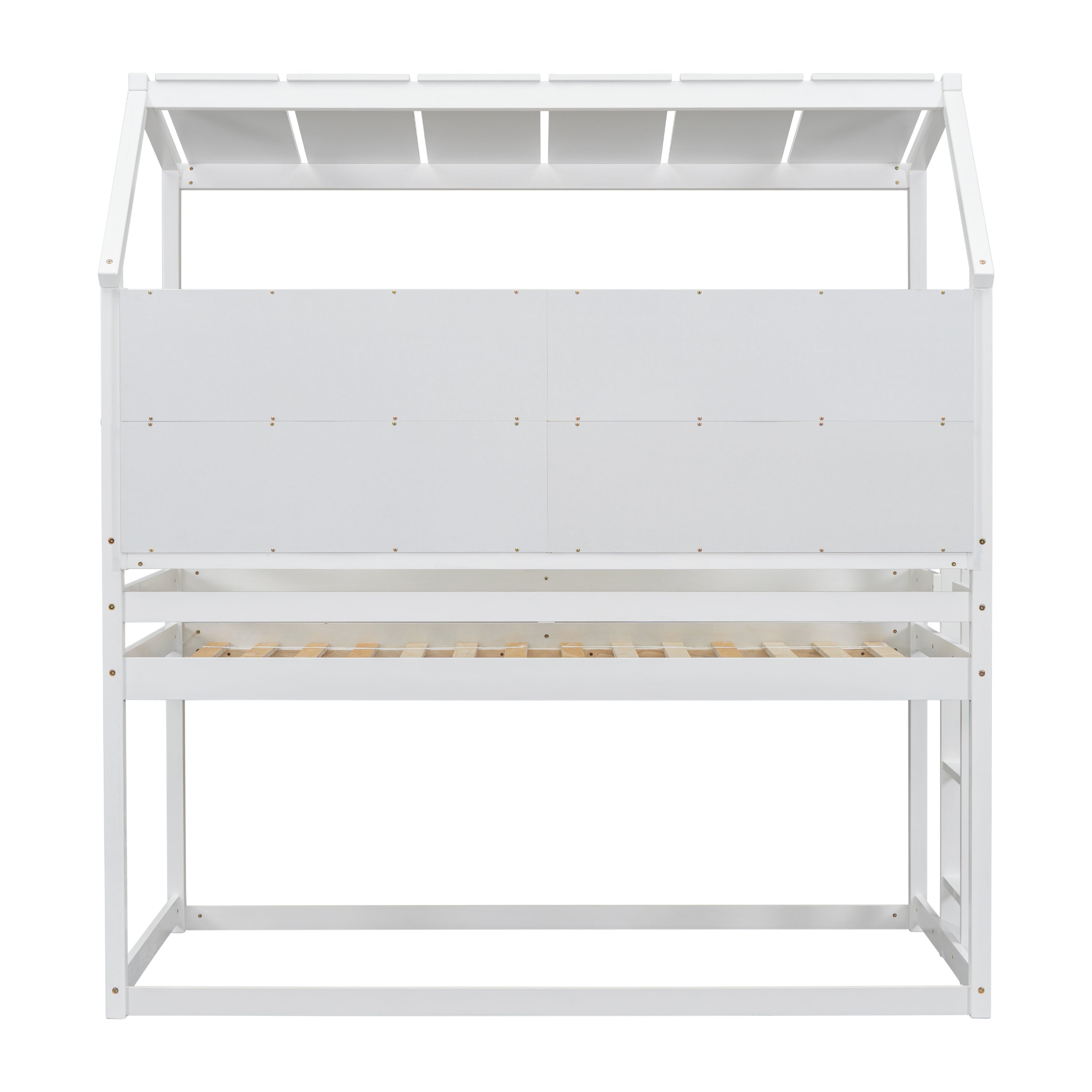 Twin Over Twin Low Bunk Bed with House Semi-enclosed Roof,Guardrails, Bedside Shelves and Ladder, White