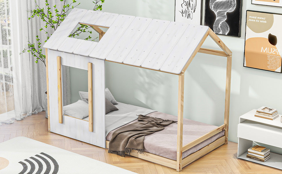 Twin Size House Platform with Roof and Window , White+Natural