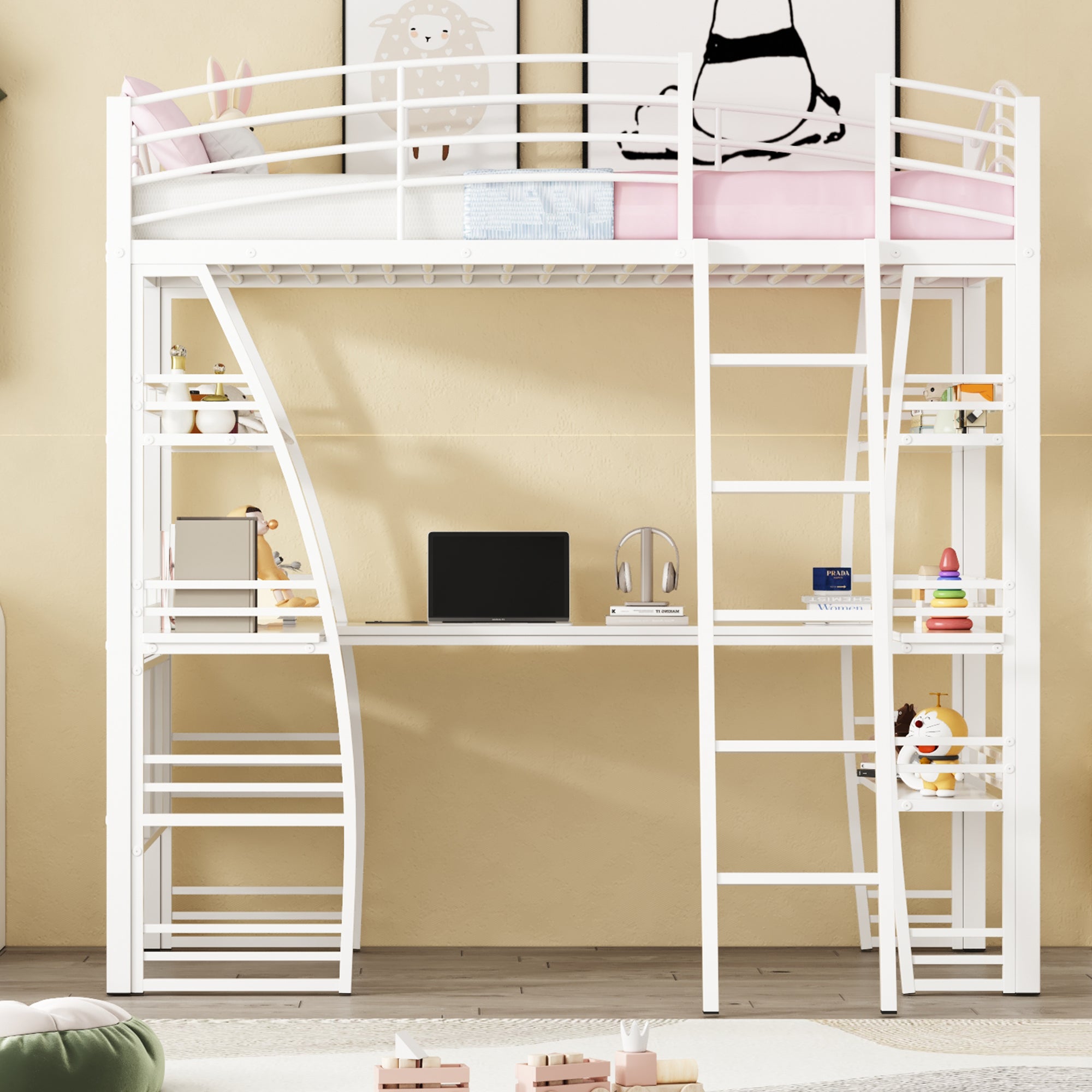 Twin Size Loft Bed with 4 Layers of Shelves and L-shaped Desk, Stylish Metal Frame Bed with a set of Sockets, USB Ports and and Wireless Charging, White