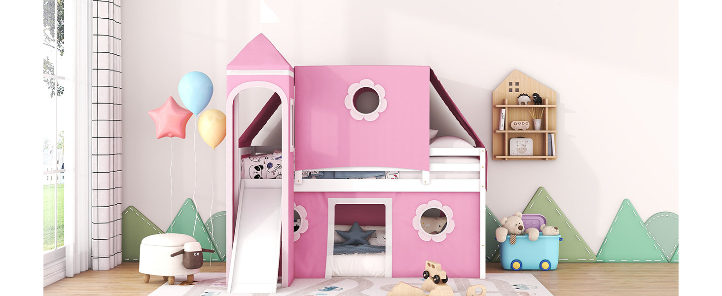 Twin Size Loft Bed with Slide Pink Tent and Tower - Pink