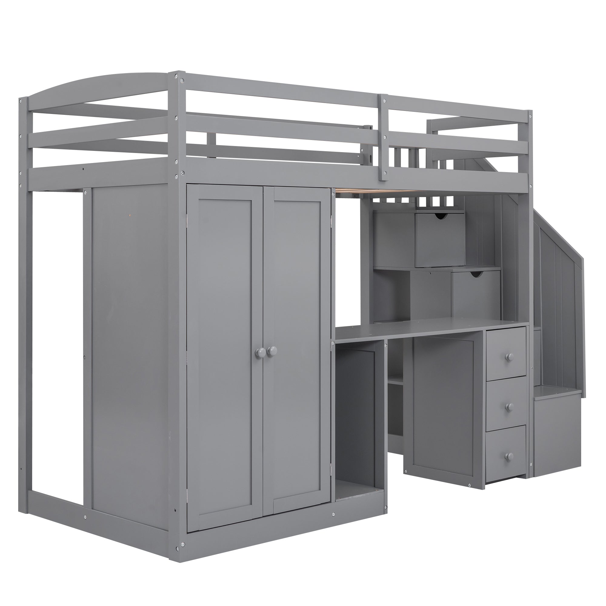 Twin Size Loft Bed with Wardrobe and Staircase, Desk and Storage Drawers and Cabinet in 1,Gray