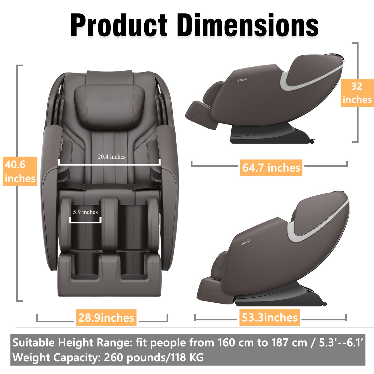 BOSSCARE Massage Chair Recliner with Zero Gravity, Full Body Airbag Massage Chair with Bluetooth Speaker, Foot Roller Brown