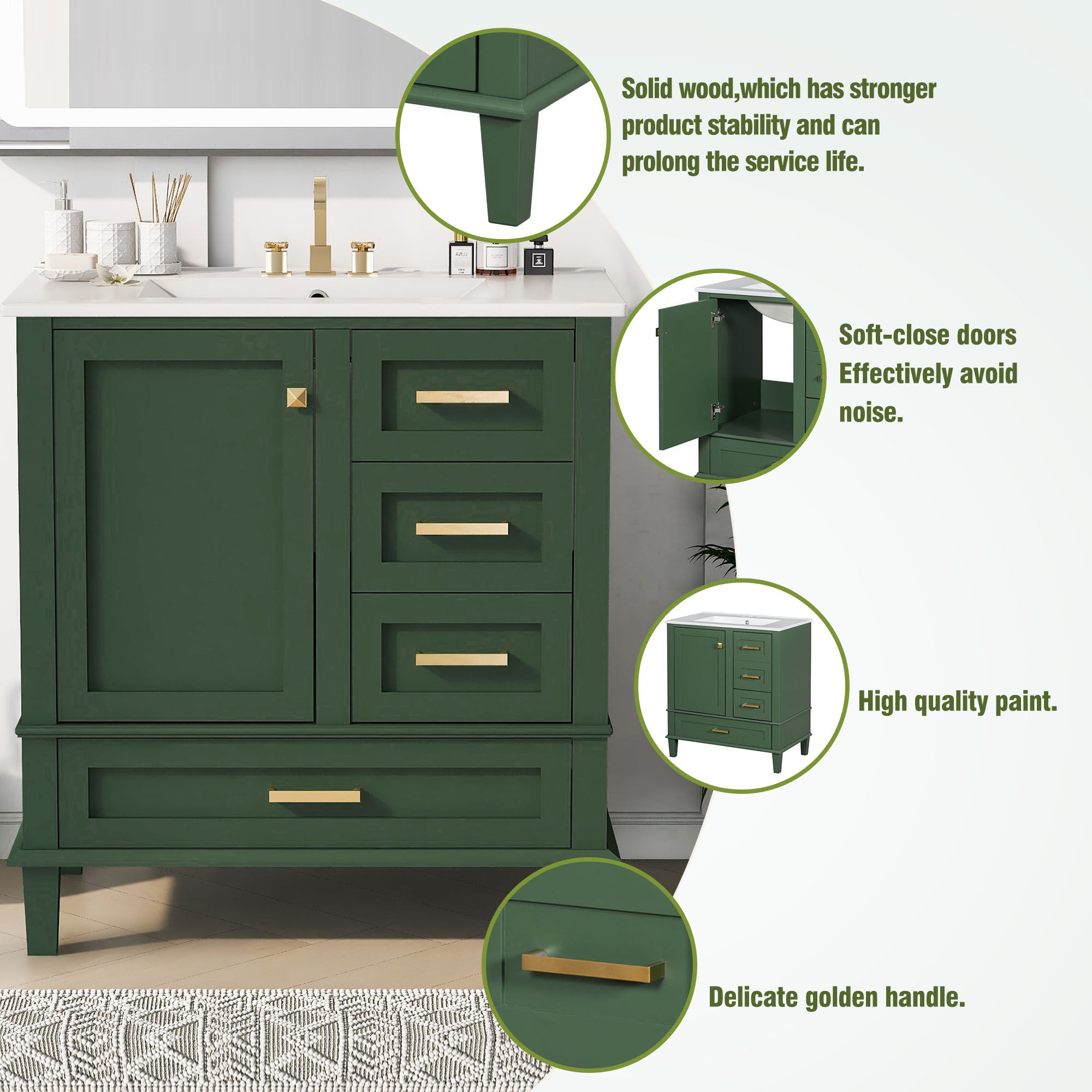 30" Bathroom Vanity in Green, Modern Bathroom Cabinet with Sink Combo Set, Bathroom Storage Cabinet with a Soft Closing Door and 3 Drawers, Solid Wood Frame