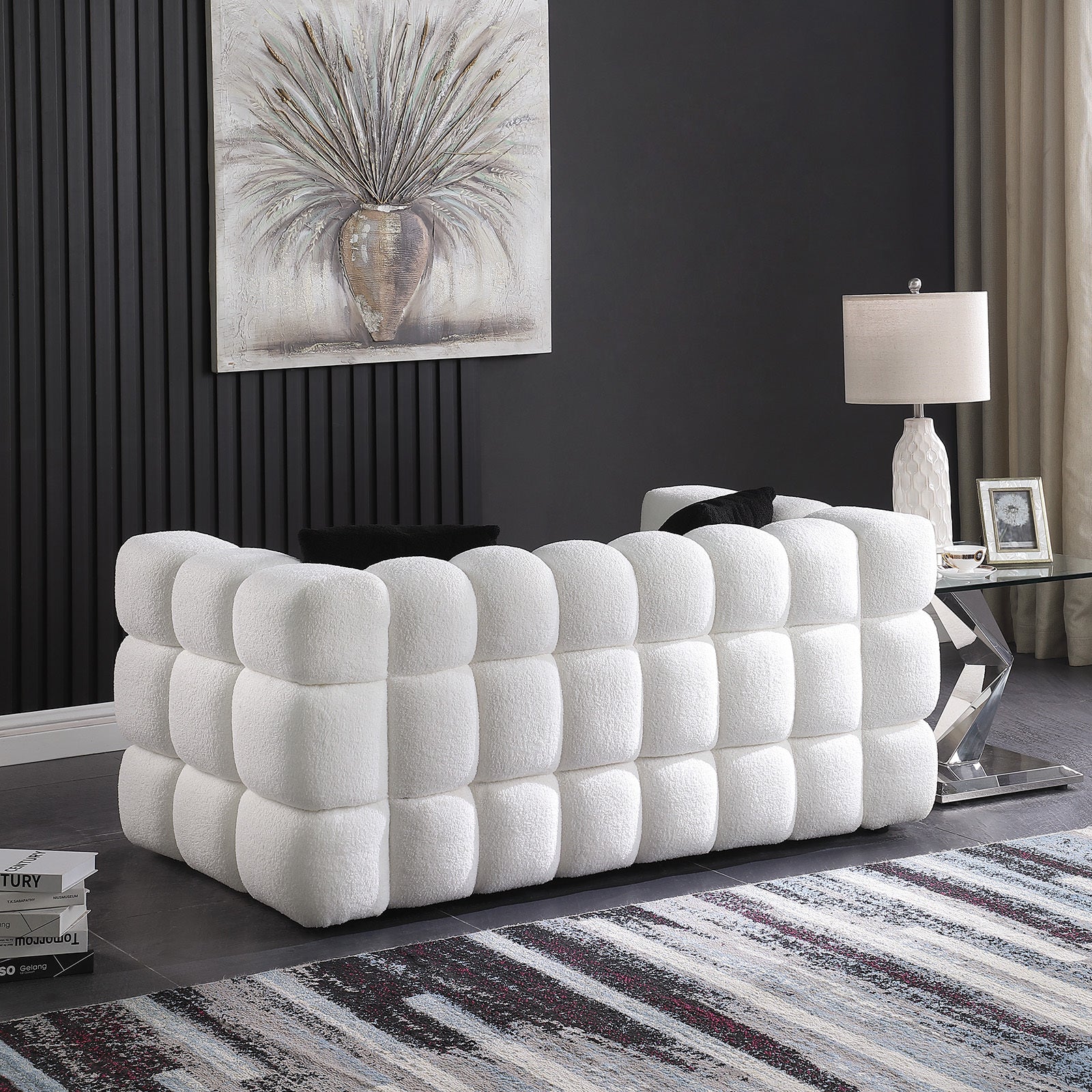 62.2length ,35.83" deepth ,human body structure for USA people,  marshmallow sofa,boucle sofa ,White color, 2  seater