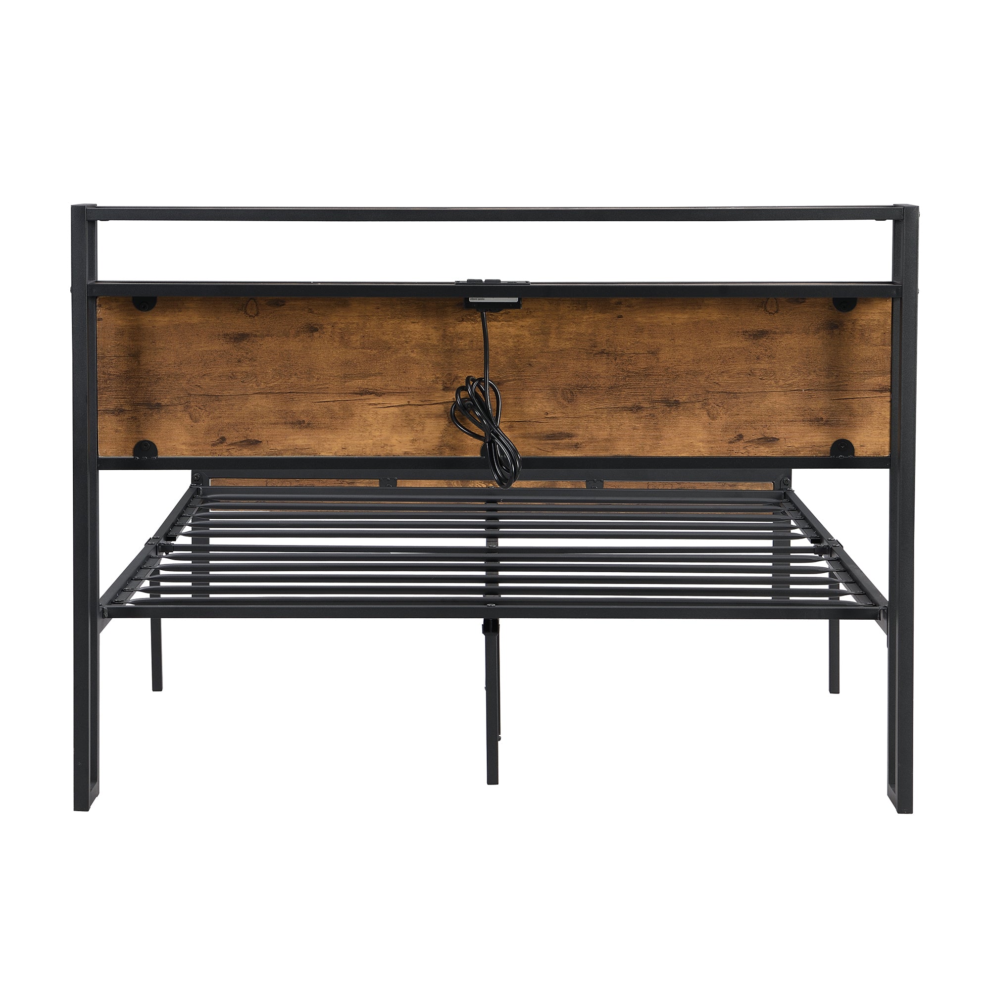 King Size Metal Platform Bed Frame with Wooden Headboard and Footboard with USB LINER, No Box Spring Needed, Large Under Bed Storage, Easy Assemble