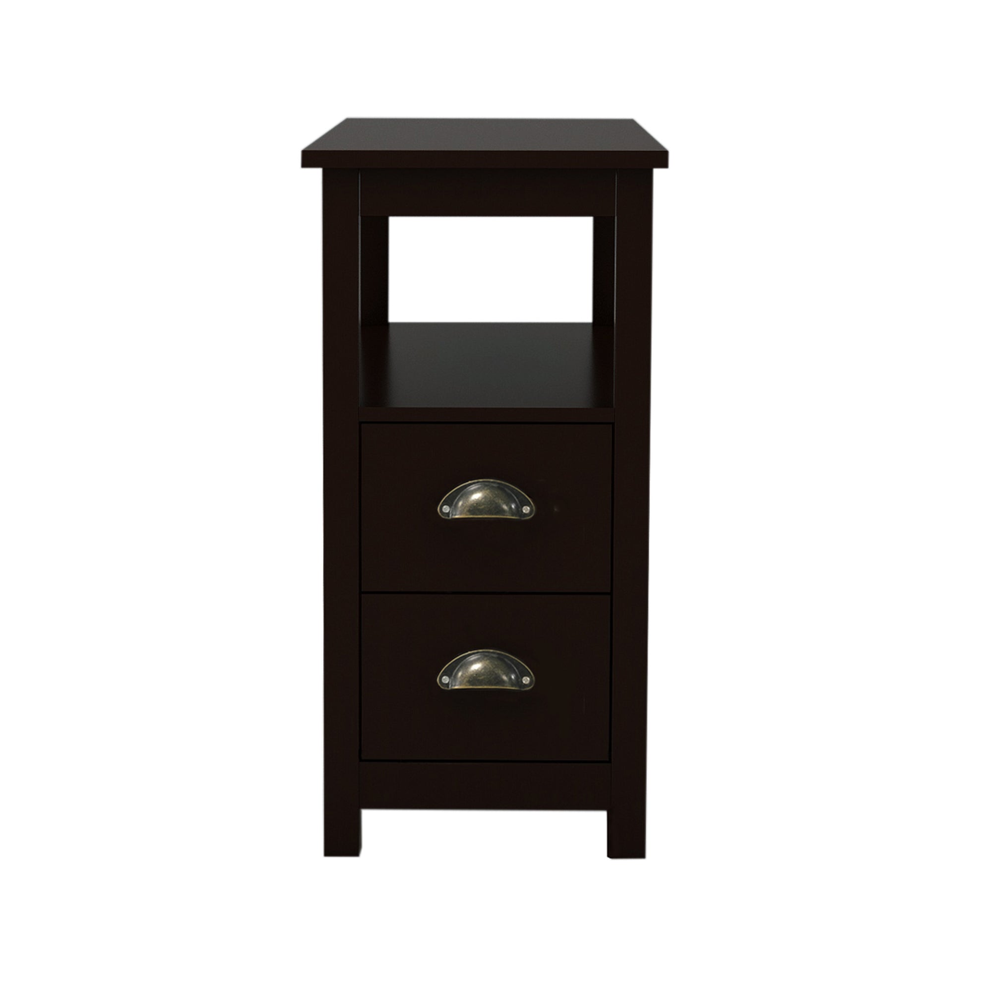 End Table Narrow Nightstand With Two Drawers And Open Shelf-Brown