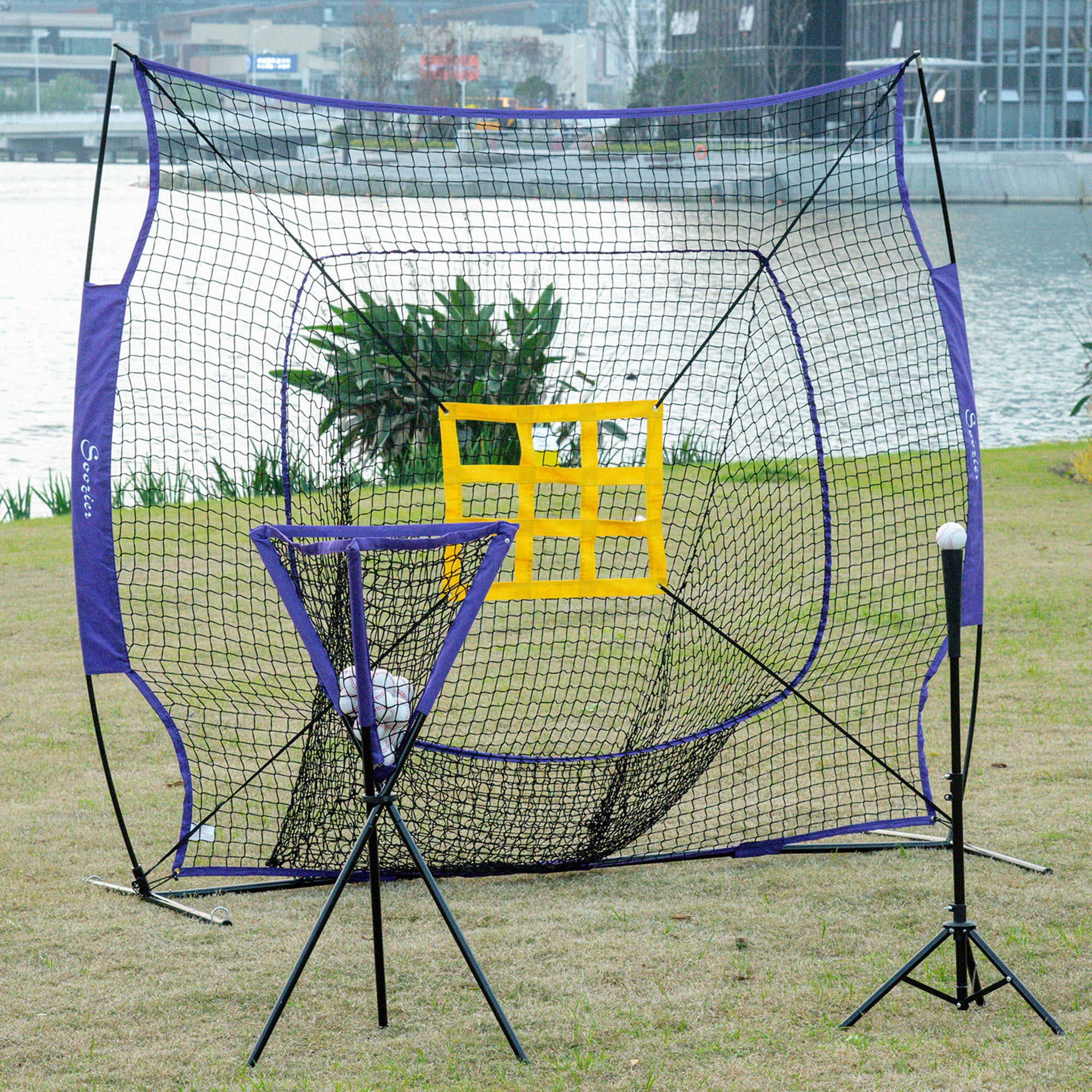 Soozier Baseball Practice Net Set with 7.5x7ft Catcher Net, Ball Caddy and Batting Tee, Portable Baseball Practice Equipment with Carry Bag for Hitting, Pitching, Batting, Catching, Purple