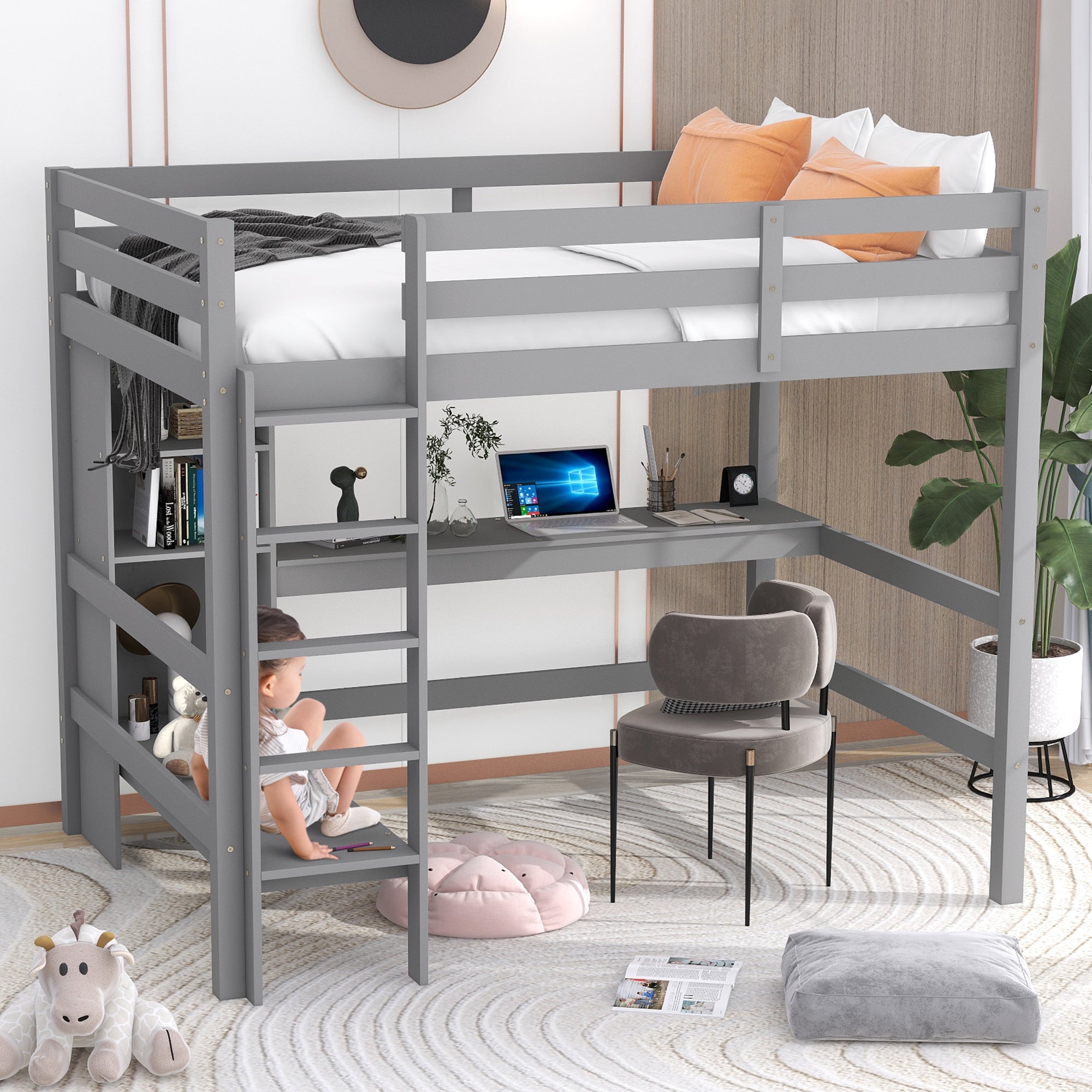 Full Size Loft Bed with Multifunction Shelves and Under-bed Desk, Gray