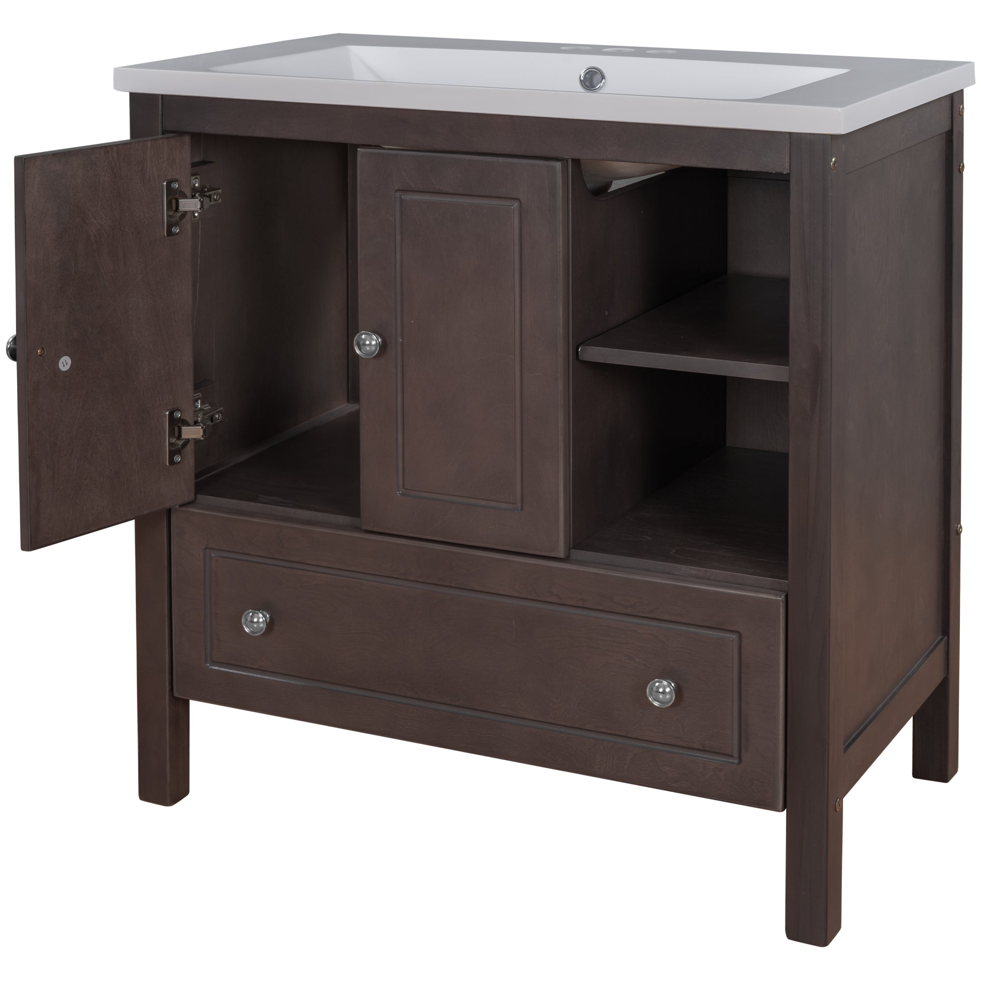 [VIDEO] 30" Bathroom Vanity with Sink, Bathroom Storage Cabinet with Doors and Drawers, Solid Wood Frame, Ceramic Sink, Brown (OLD SKU: JL000002AAD)