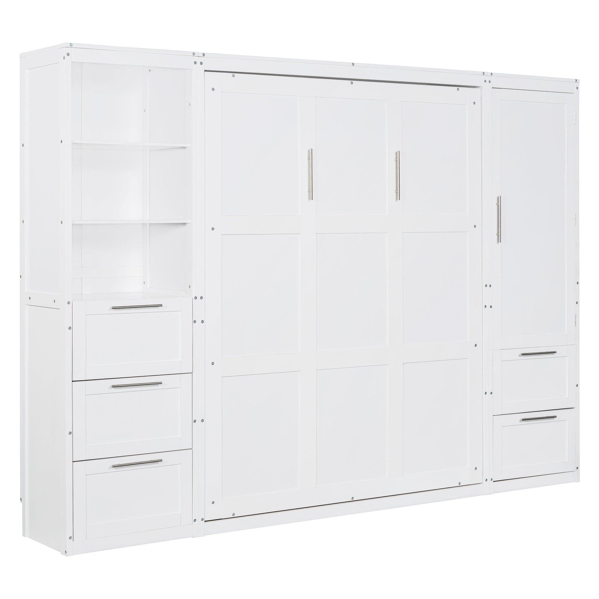 Queen Size Murphy Bed Wall Bed with Closet ,Drawers and Shelves,White