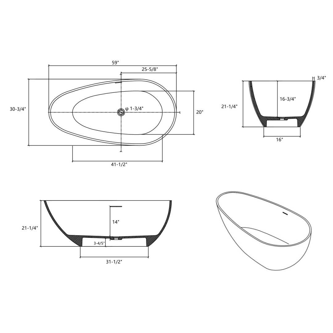 59" Luxury Handcrafted Stone Resin Freestanding Soaking Bathtub with Overflow in Matte White, cUPC Certified - 24S02-59MW