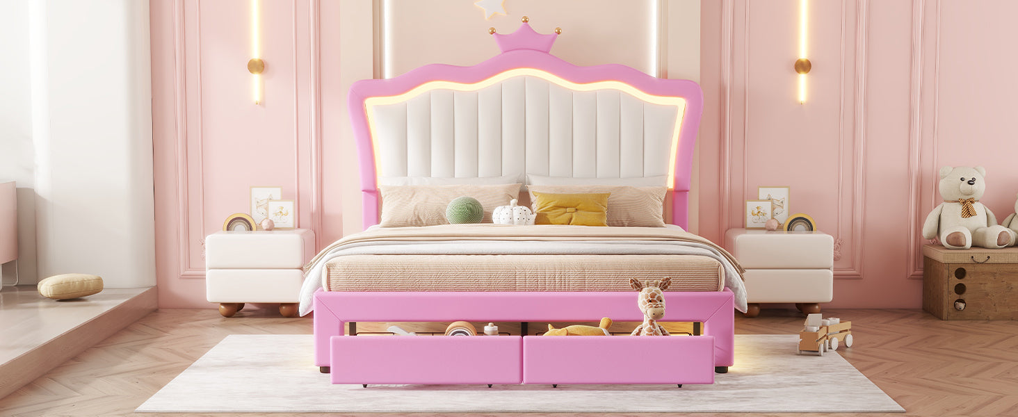 Full Size Upholstered Bed Frame with LED Lights, Modern Upholstered Princess Bed with Crown Headboard, 2 Drawers, Pink+White