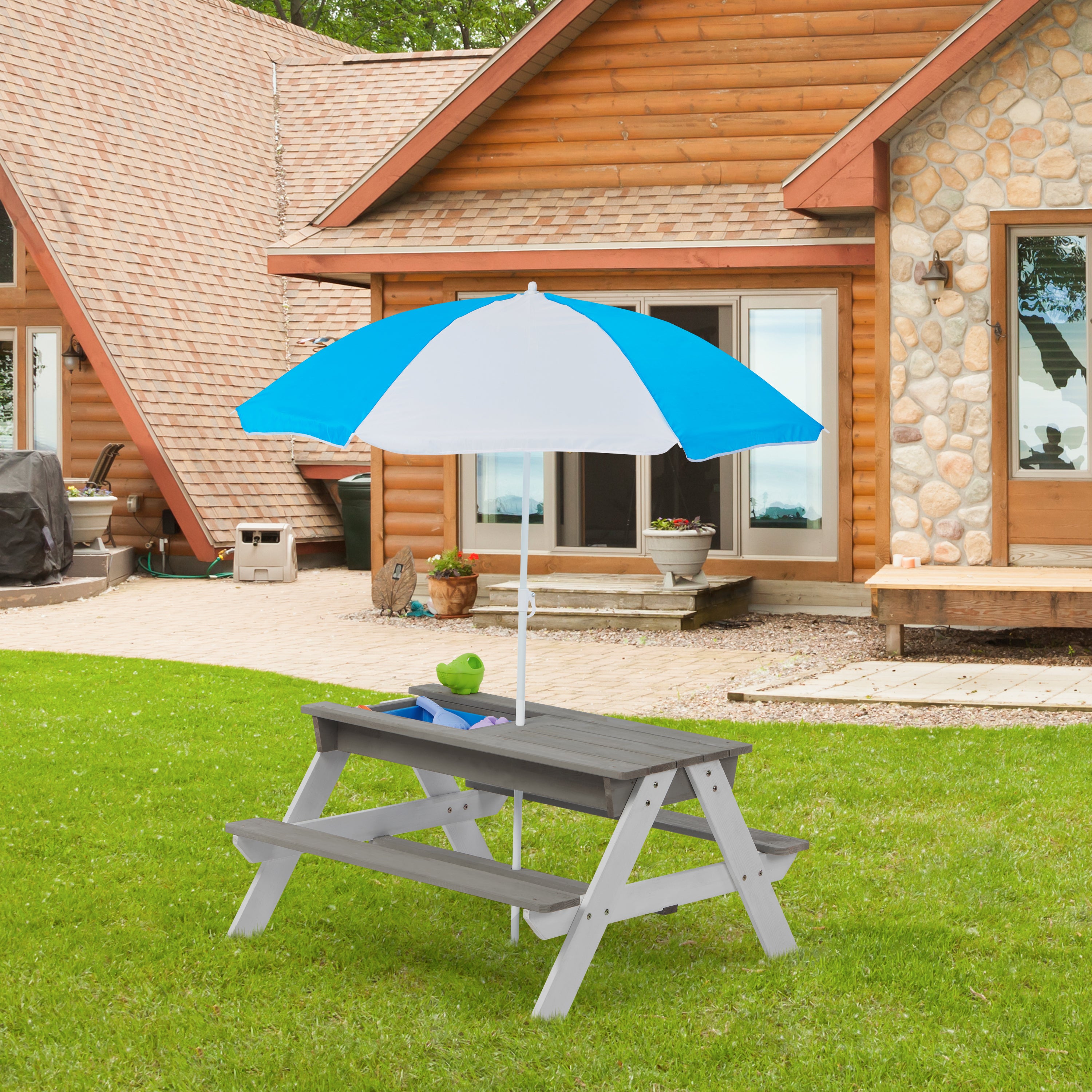 Wooden Kids Picnic Table, Sand and Water Table with Umbrella, Activity Table for Outdoor Backyard Patio Play