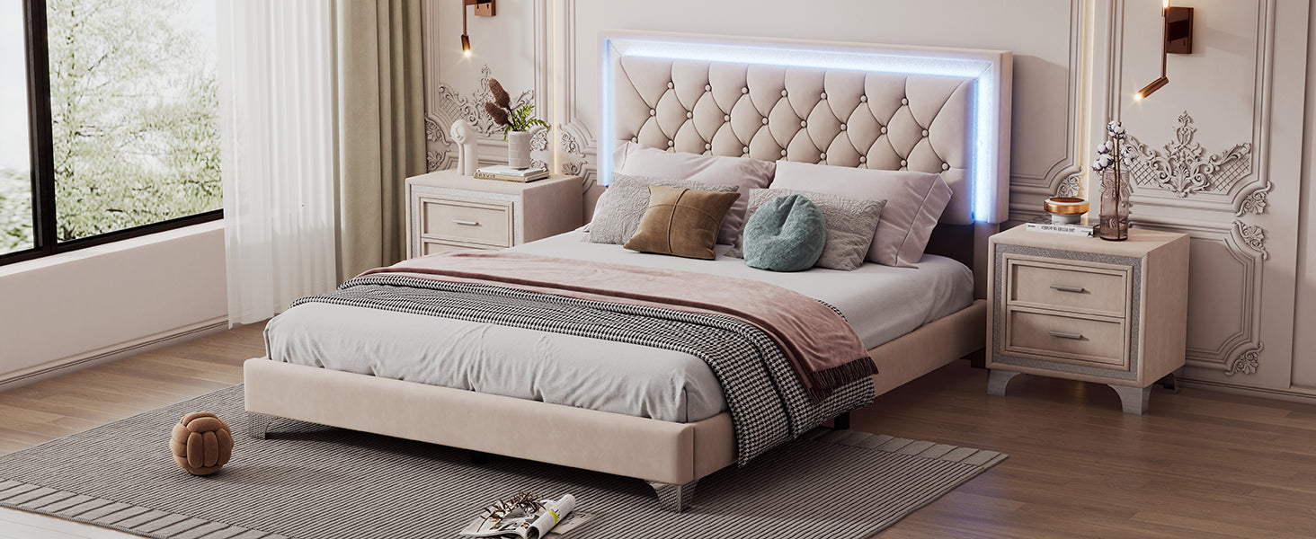 Queen Size Upholstered Bed Frame with LED Lights,Modern Velvet Platform Bed with Tufted Headboard,Beige