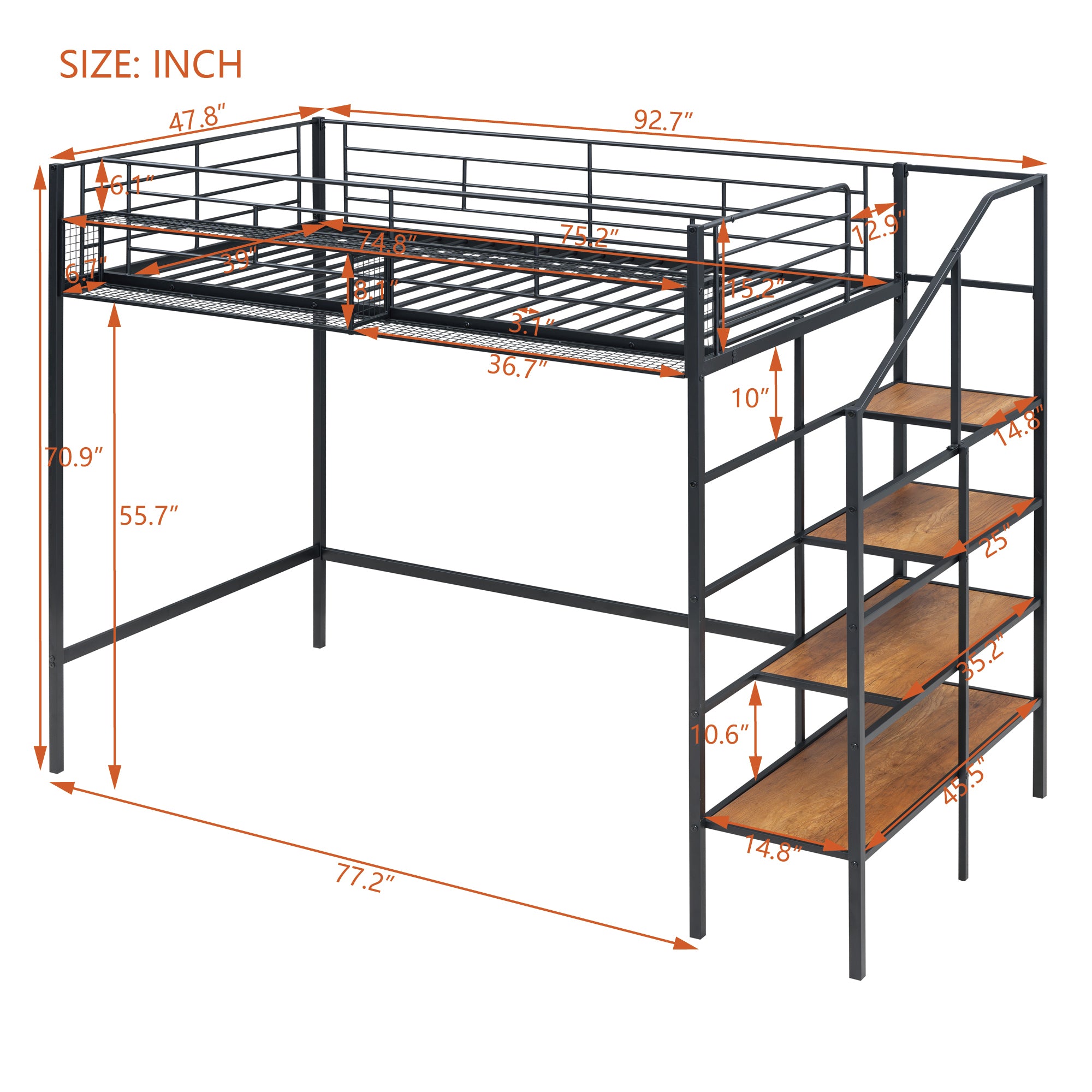 Twin Size Metal Loft Bed with Upper Grid Storage Shelf and Lateral Storage Ladder, Black