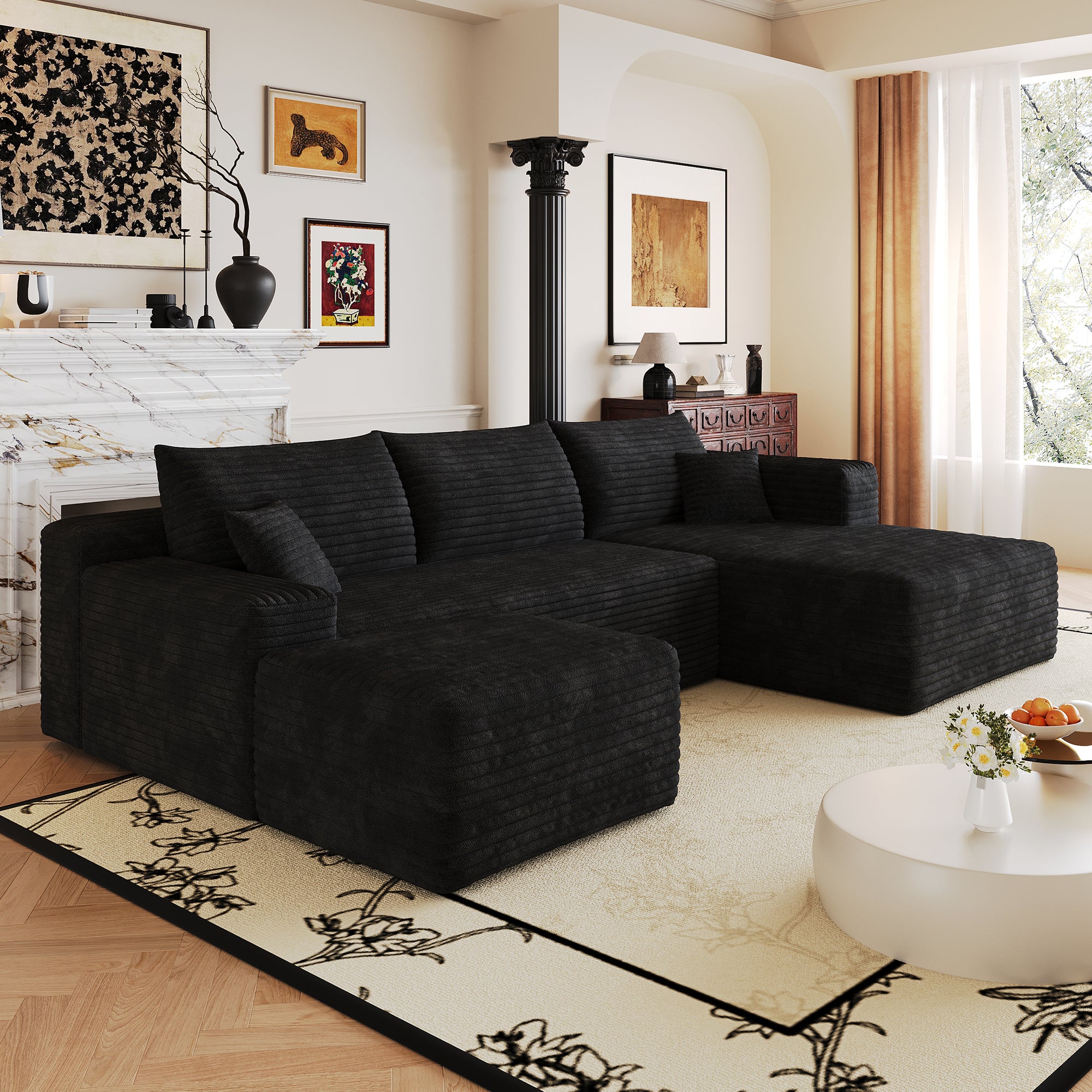 Black corduroy sectional sofa in living room setting, room view
