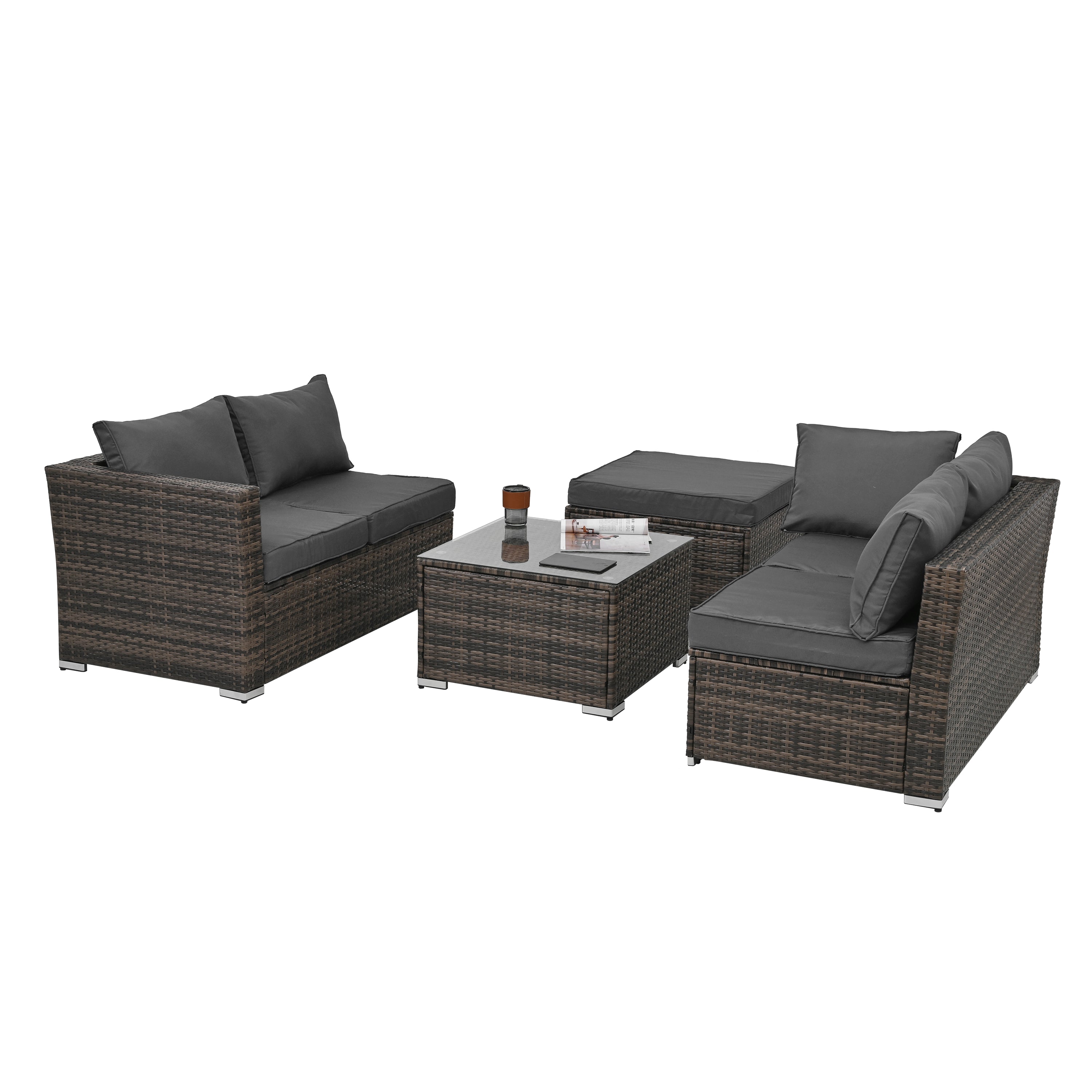 Patio Furniture, Outdoor Furniture, Seasonal PE Wicker Furniture, 4 Set Wicker Furniture With Tempered Glass Coffee Table