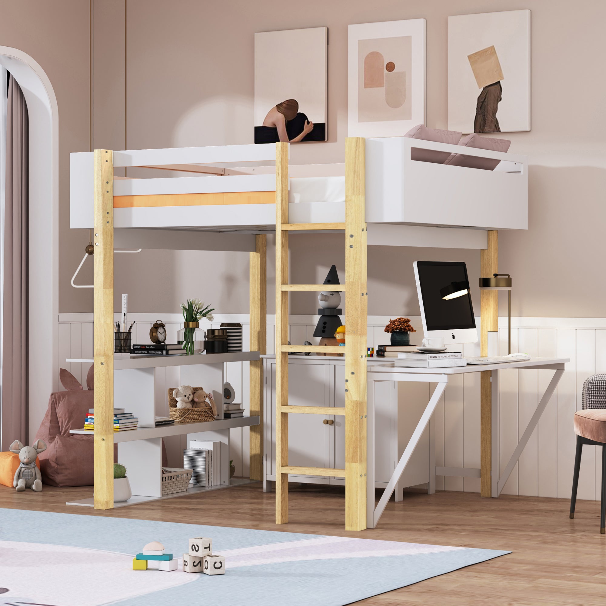 Full Size Wood Loft Bed With Built-in Storage Cabinet and Cubes, Foldable desk, White