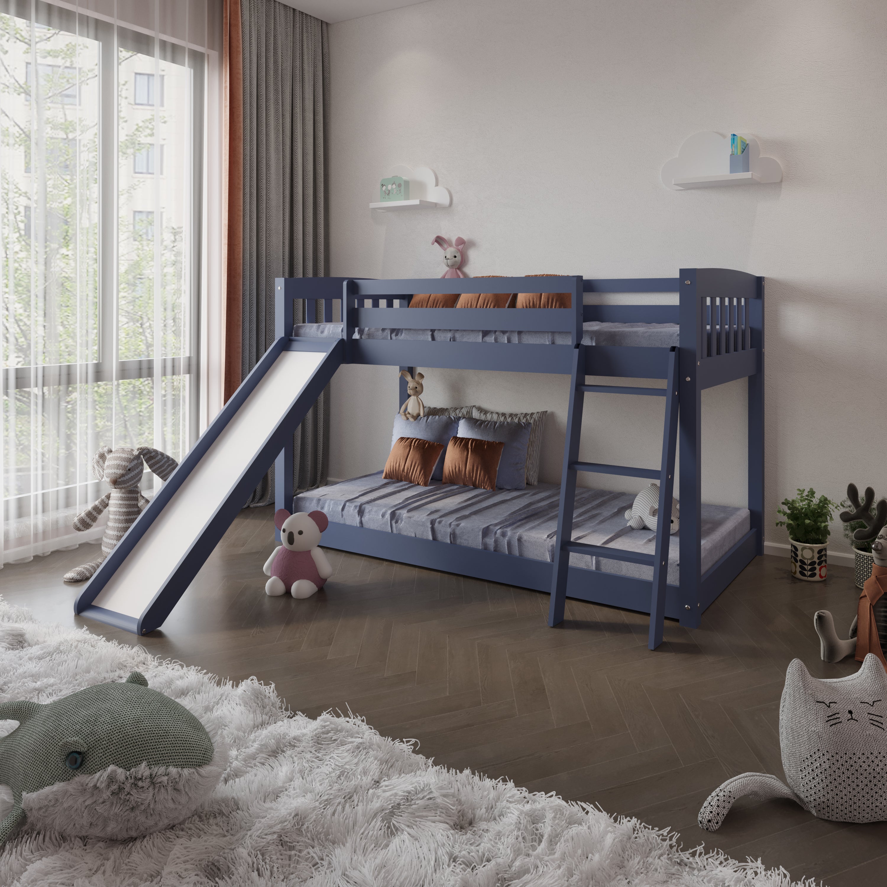 Kids Bunk Bed Twin Over Twin with Slide and Stairs, Heavy Duty Solid Wood Twin Bunk Beds, Toddler Bed Frame with Safety Guardrails, Blue