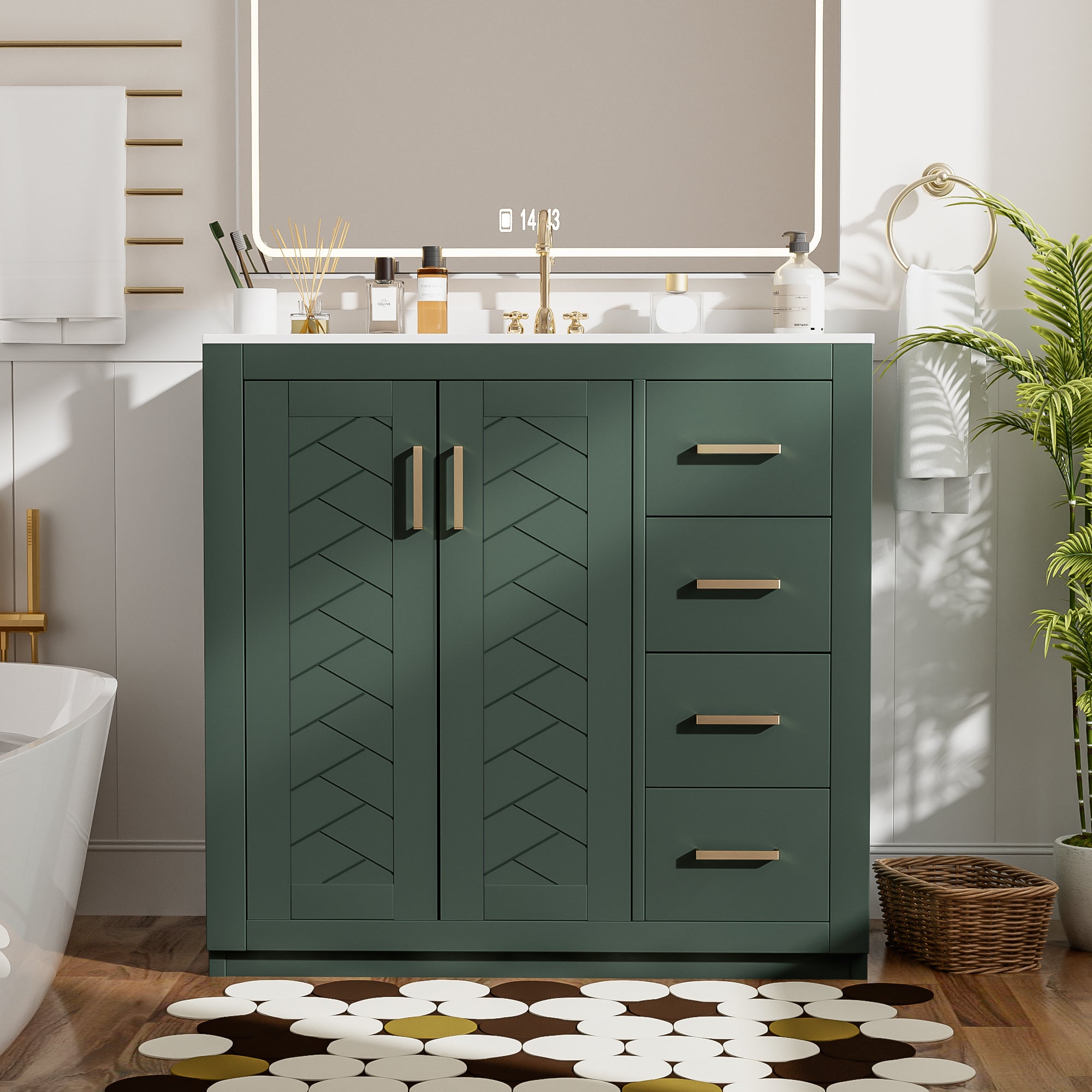 36-inch solid wood freestanding bathroom vanity, angled view