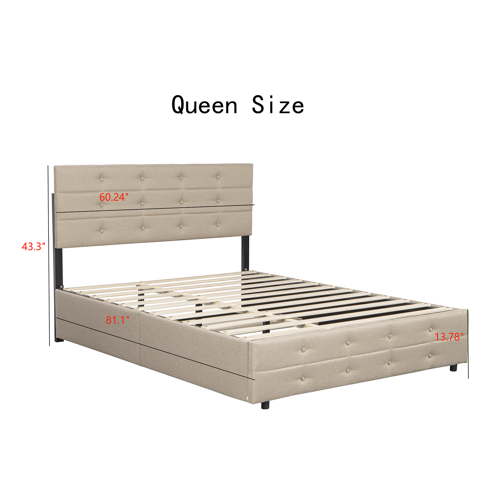 Queen Size Upholstered Platform Bed with Twin Trundle and 2 Storage Drawers Underneath, Linen Fabric with Wood Slat, for Bedroom,Light Beige