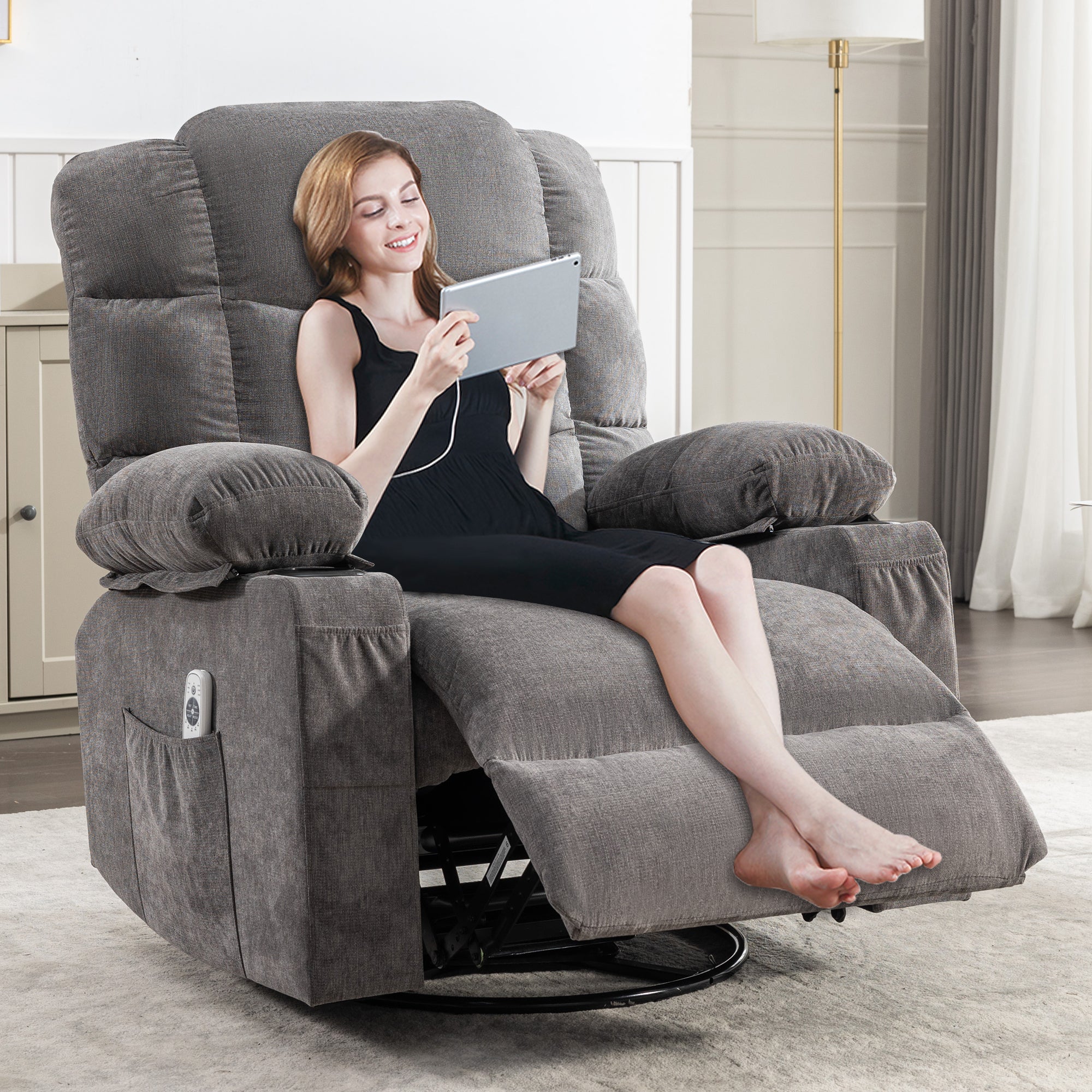 Massage Rocker Recliner Chair Rocking Chairs for Adults Oversized with 2 Cup Holders, USB Charge Port Soft Features a Manual Massage and Heat.(A+B)GREY