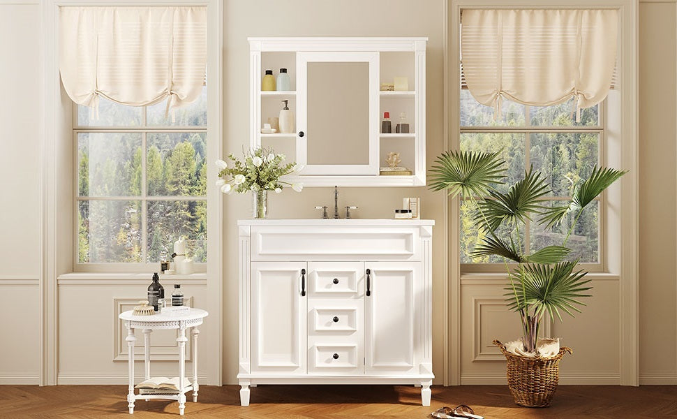 36'' Bathroom Vanity with Top Sink, White Mirror Cabinet, Modern Bathroom Storage Cabinet with 2 Soft Closing Doors and 2 Drawers, Single Sink Bathroom Vanity