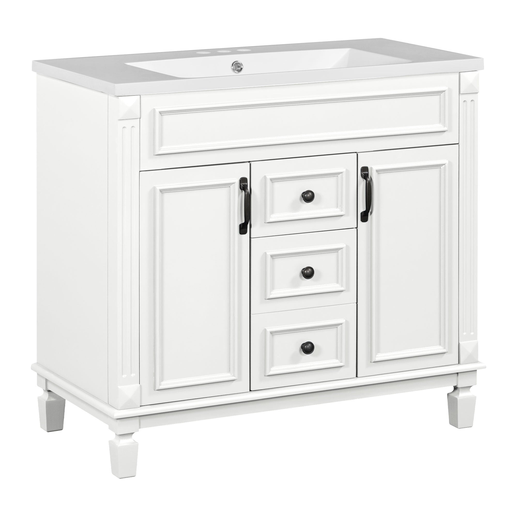 36'' Bathroom Vanity with Top Sink, White Mirror Cabinet, Modern Bathroom Storage Cabinet with 2 Soft Closing Doors and 2 Drawers, Single Sink Bathroom Vanity