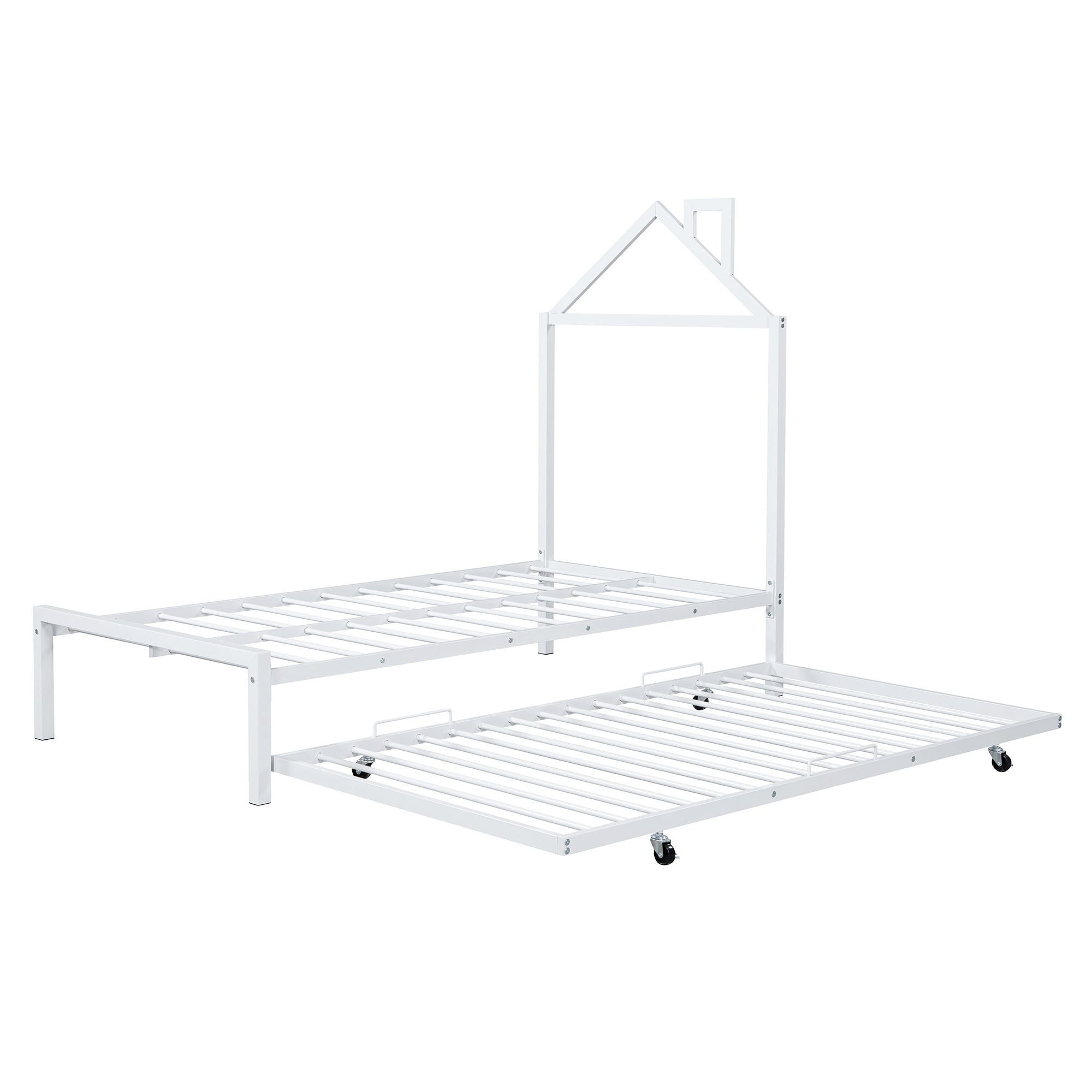 Twin Size Metal Platform Bed with twin size trundle,House-Shaped Headboard Design, White