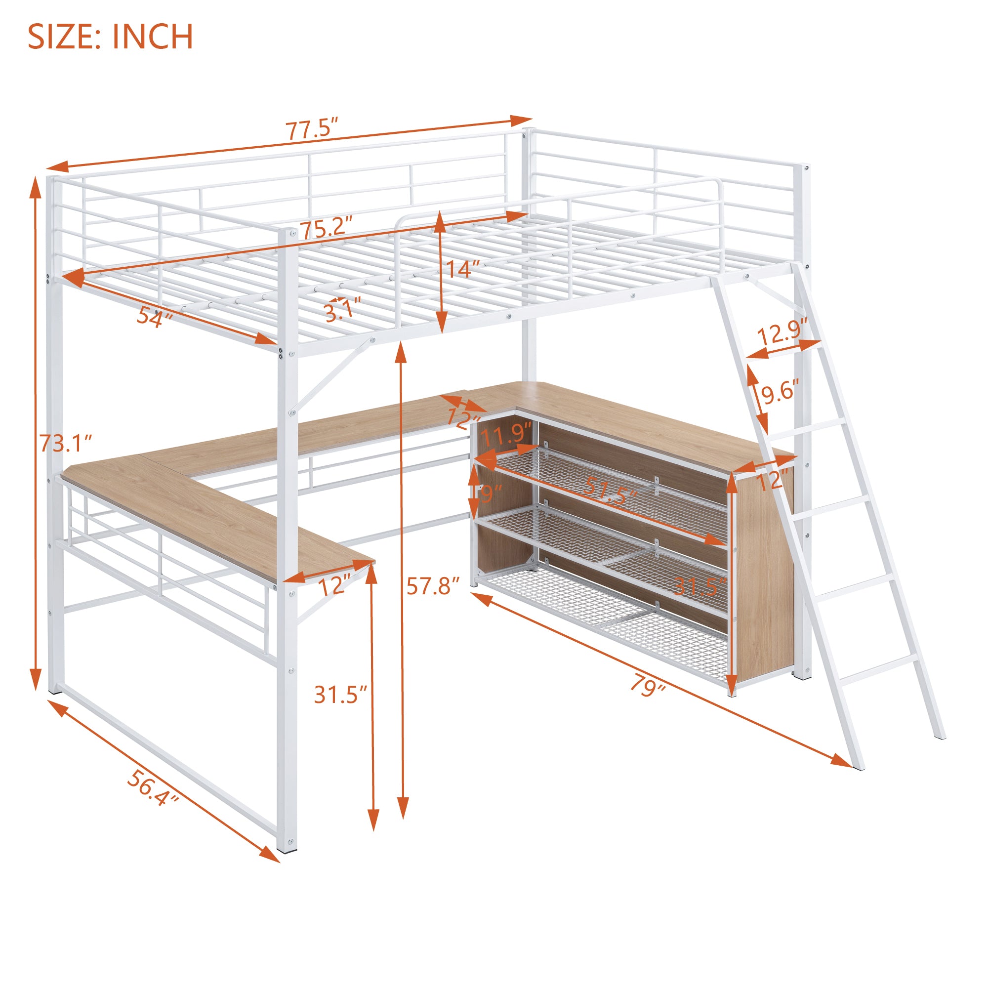 Full Size Metal Loft Bed with 3 Layers of Shelves and L-shaped Desk, White