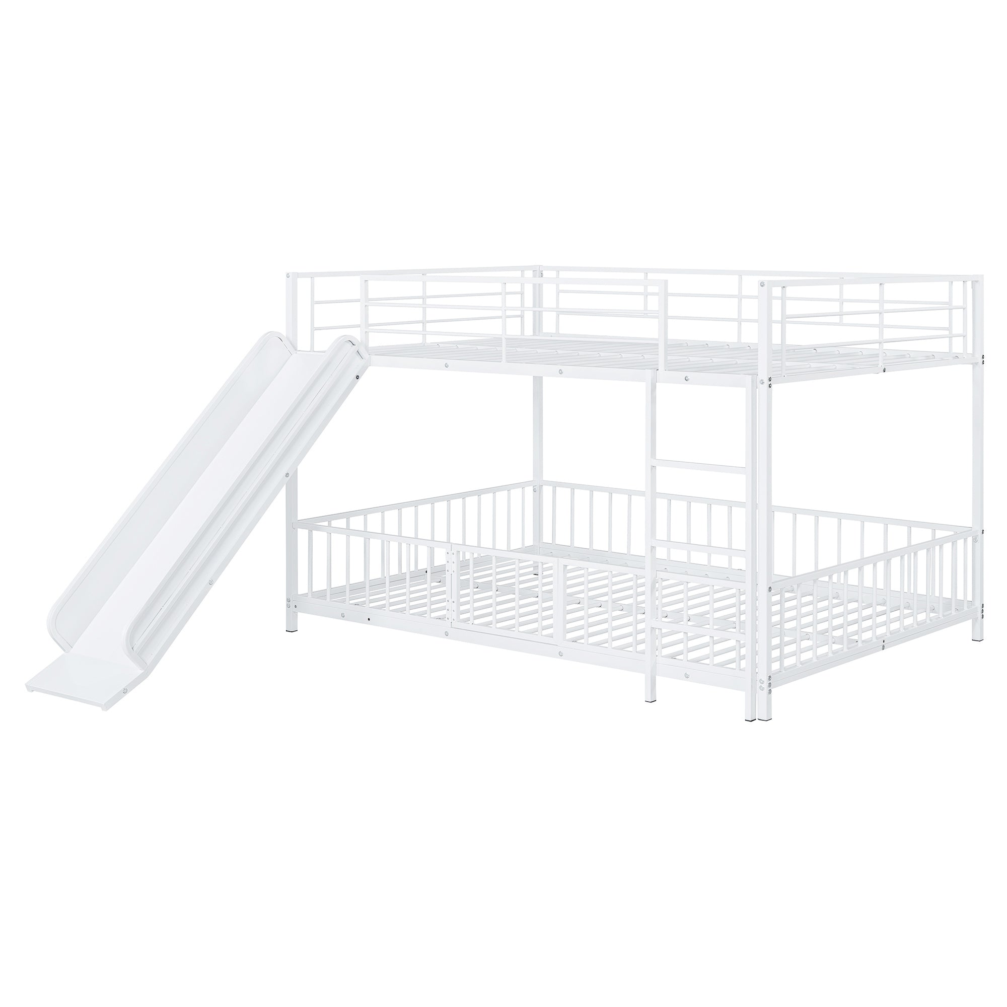 Full over Full Size Metal Bunk Bed with Slide and Guardrails, White