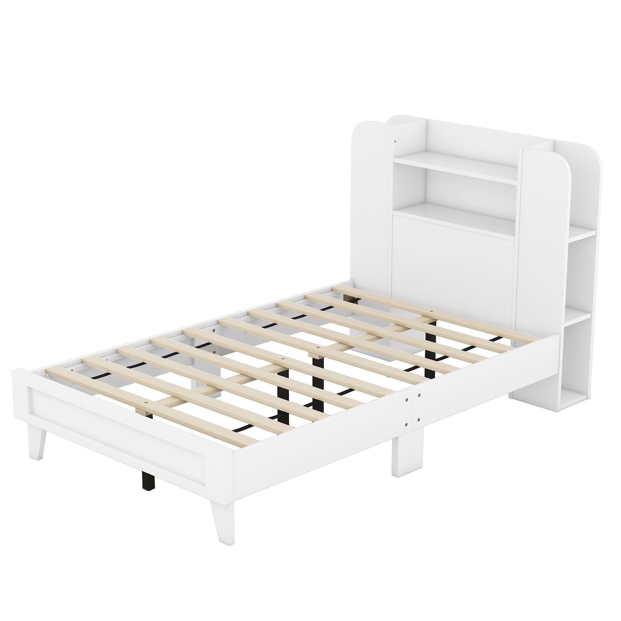 Twin Size Platform Bed with Storage Headboard,Multiple Storage Shelves on Both Sides,White