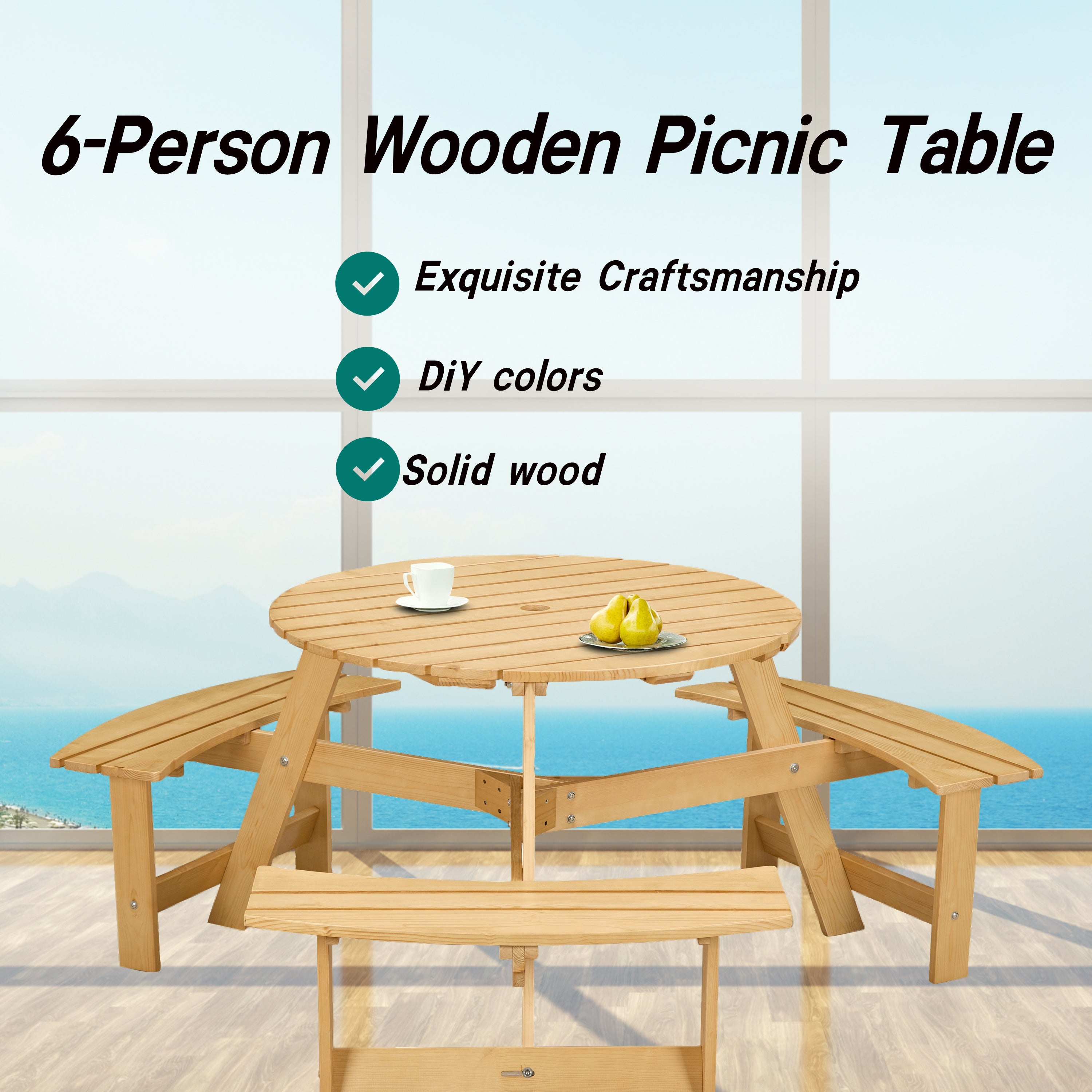 Outdoor 6 Person Picnic Table, 6 person Round Picnic Table with 3 Built-in Benches, Umbrella Hole, Outside Table and Bench Set for Garden, Backyard, Porch, Patio,  Natural