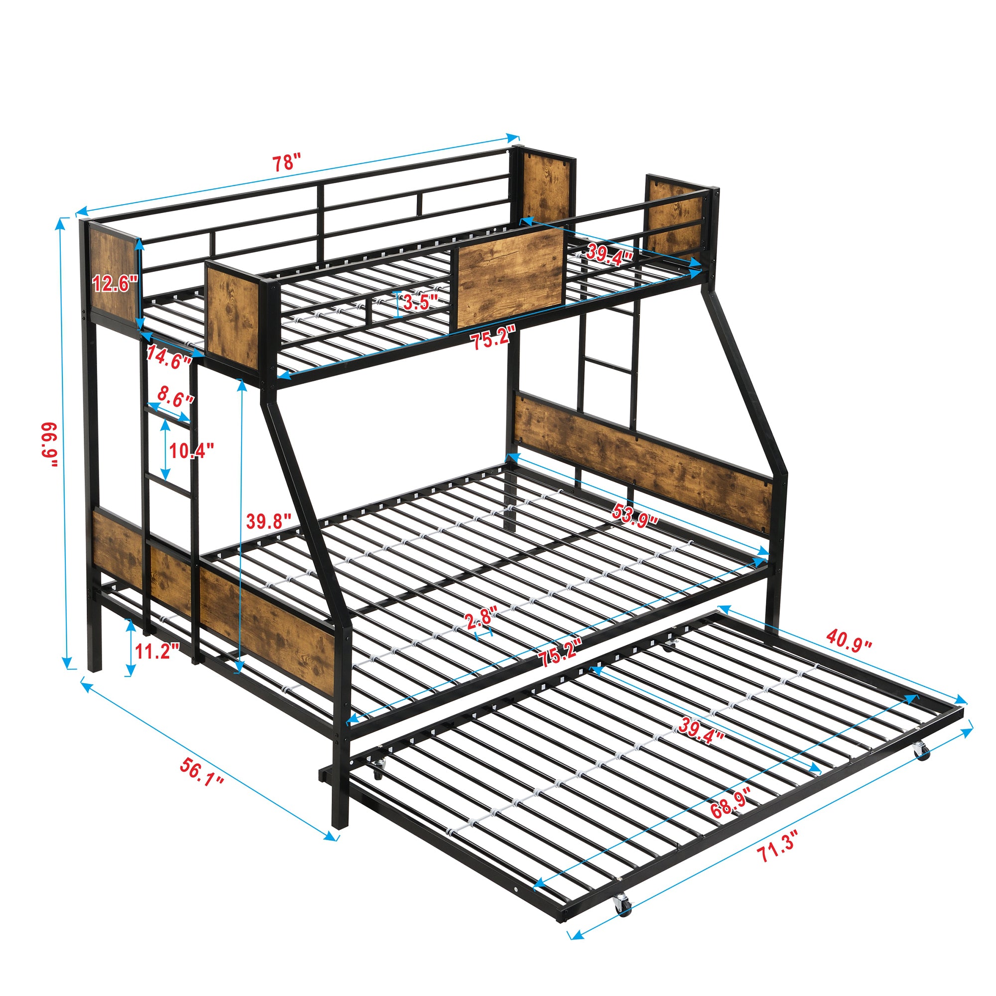 Twin Over FULL  Metal Bunk Bed  with Trundle  2 - Side Ladder and Full-Length Guardrail, No Box Spring Needed, Large Under Bed Storage, Easy Assemble , Black &  Brown