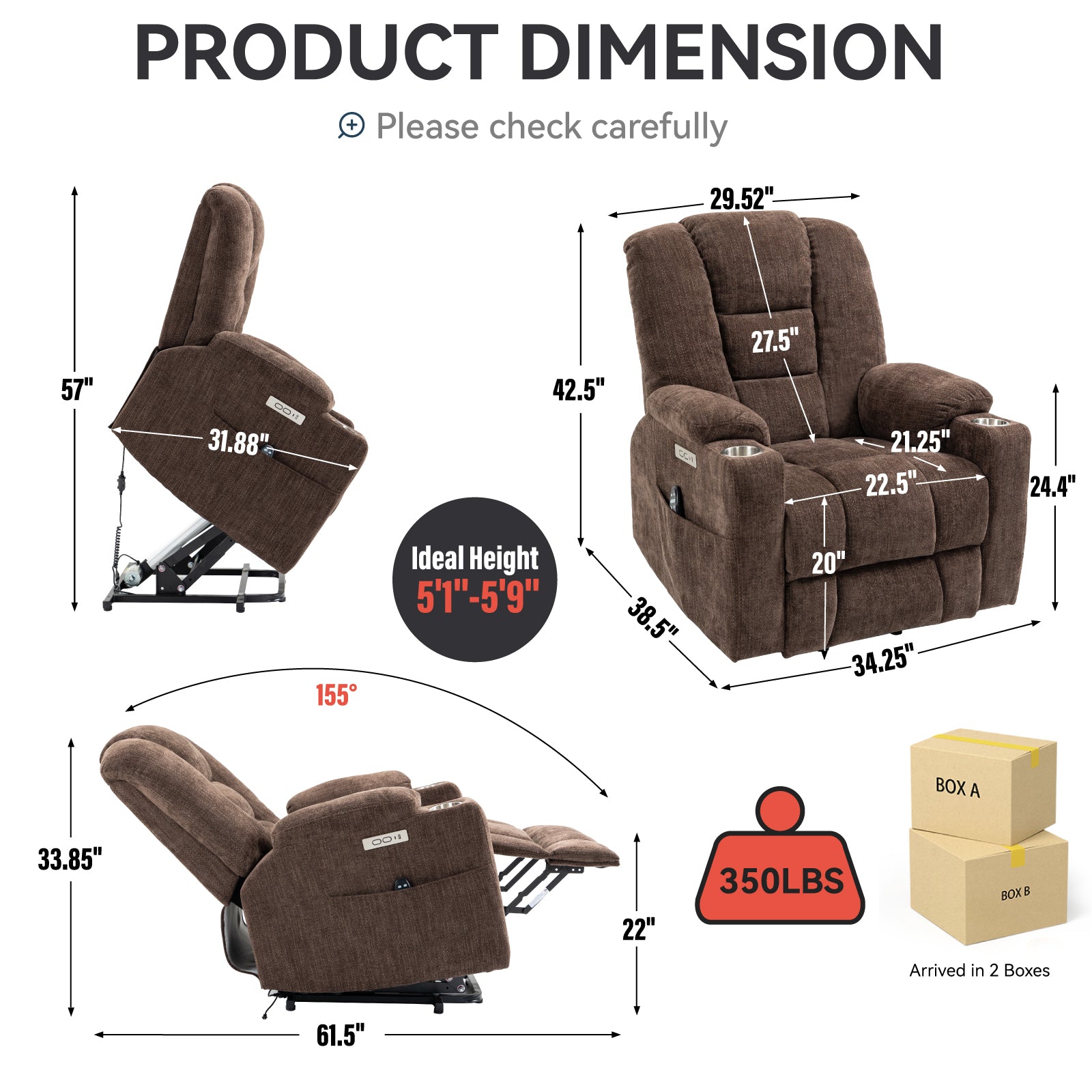 EMON'S Large Power Lift Recliner Chair with Massage and Heat for Elderly, Overstuffed Wide Recliners, Heavy Duty Motion Mechanism with USB and Type C Ports, 2 Steel Cup Holders, Brown