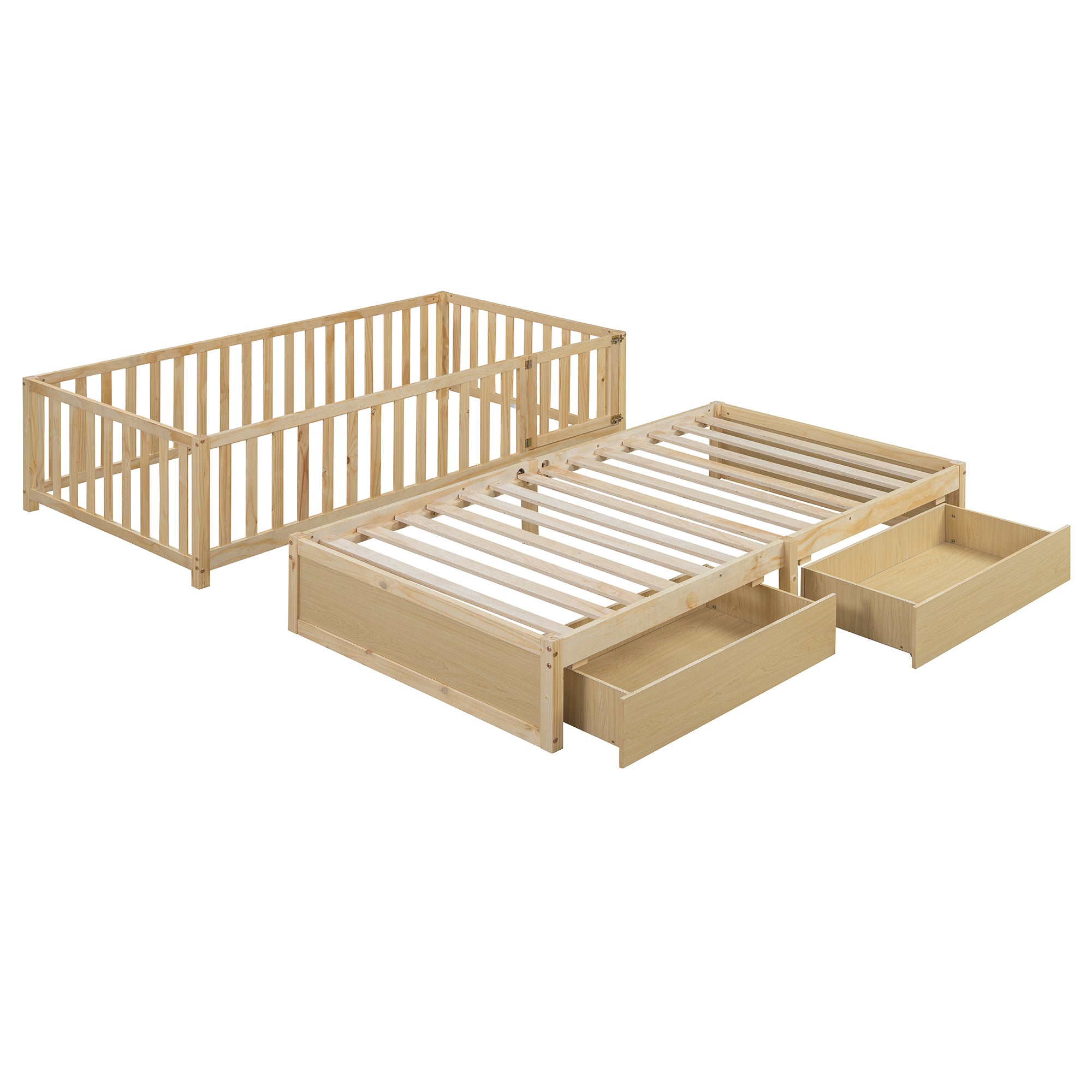 Twin Size Wood Daybed with Fence Guardrails and 2 Drawers, Split into Independent Floor Bed & Daybed, Natural(OLD SKU :LP000881AAN)